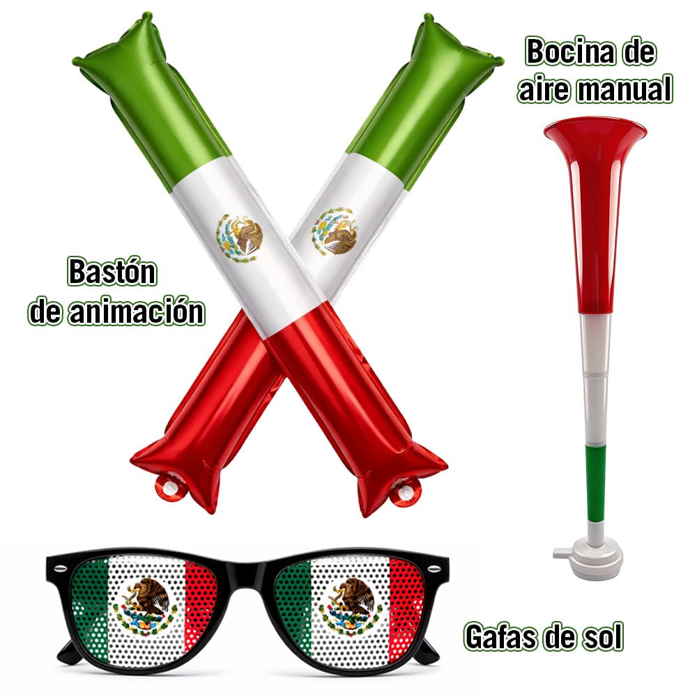 Kit Fan México 12PCS – Set de Fiesta Fútbol con Banderas, Bocina, Gafas, Pintura Facial y Pulseras, para Mundial 2026, Partidos de la Selección, Clásicos, Bares y Reuniones Familiares