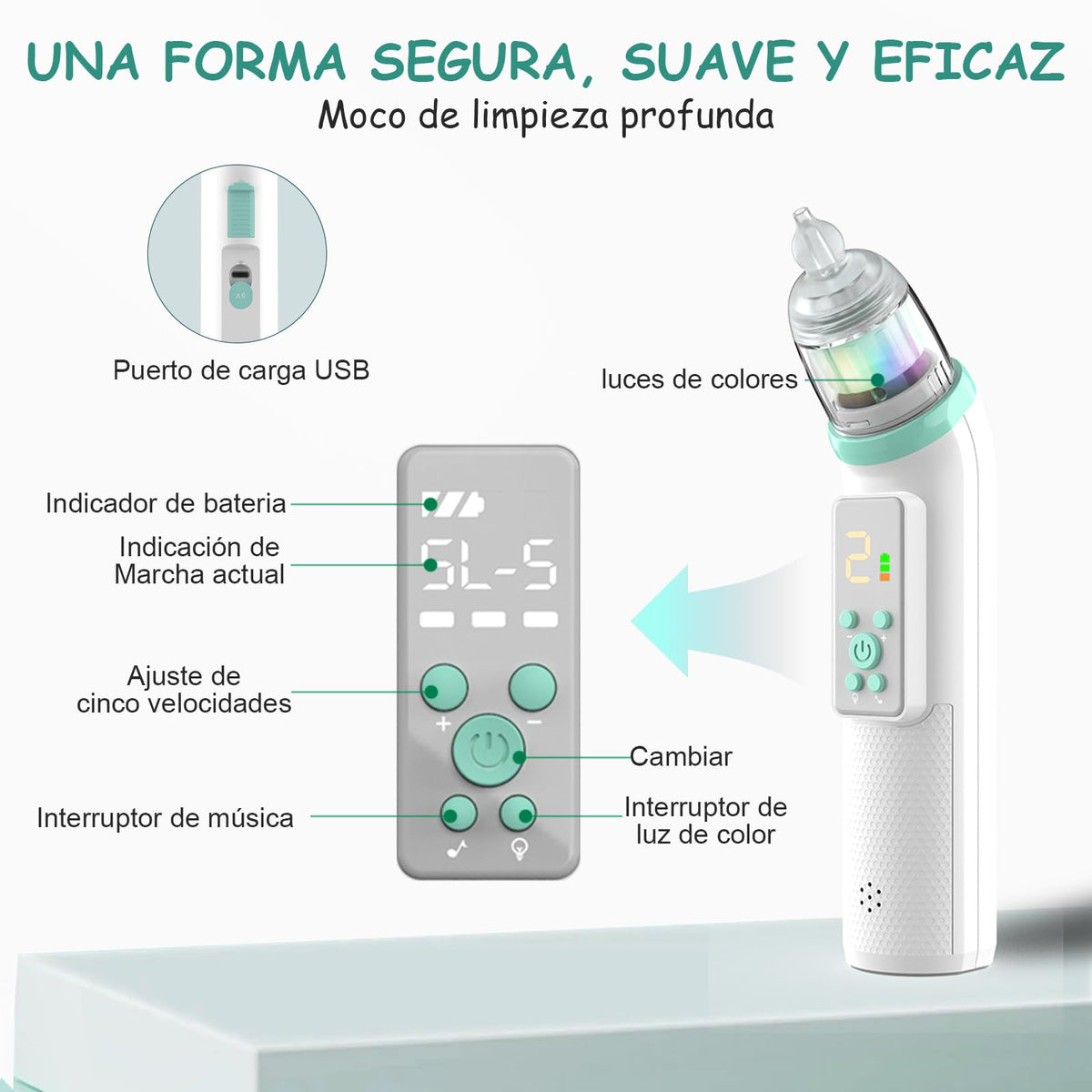 Limpiador Nasal Eléctrico, Extractor de Mocos para con carga USB, Succionador de mocos con 3 cabezales de silicona y espalda, 5 niveles de succión ajustable (Regular)