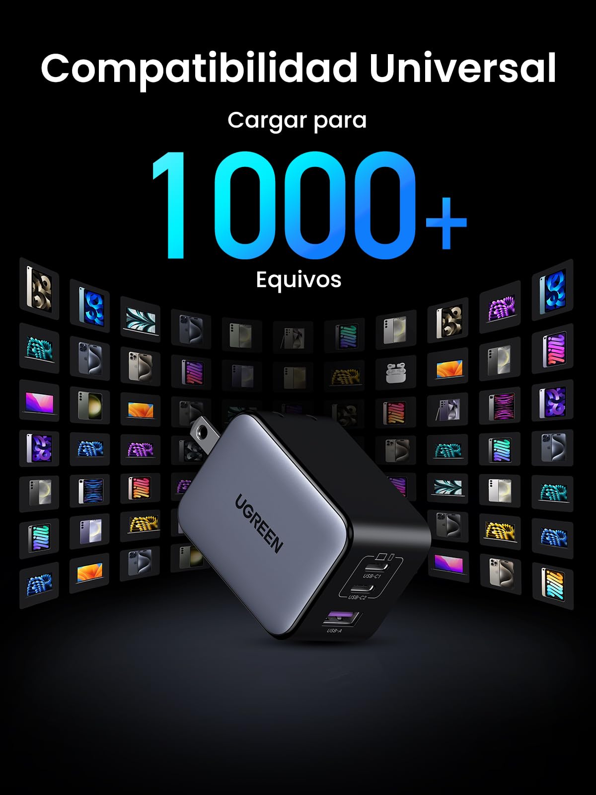 UGREEN Nexode X Serie 65W Cargador Tipo C, 3 Puertos Mini GAN PPS, Phone Charger Carga Raida Compatible con Galaxy S24/S23, MacBook Pro/Air M2, Pixelbook, DELL XPS, iPhone 16 Pro Max/15/14