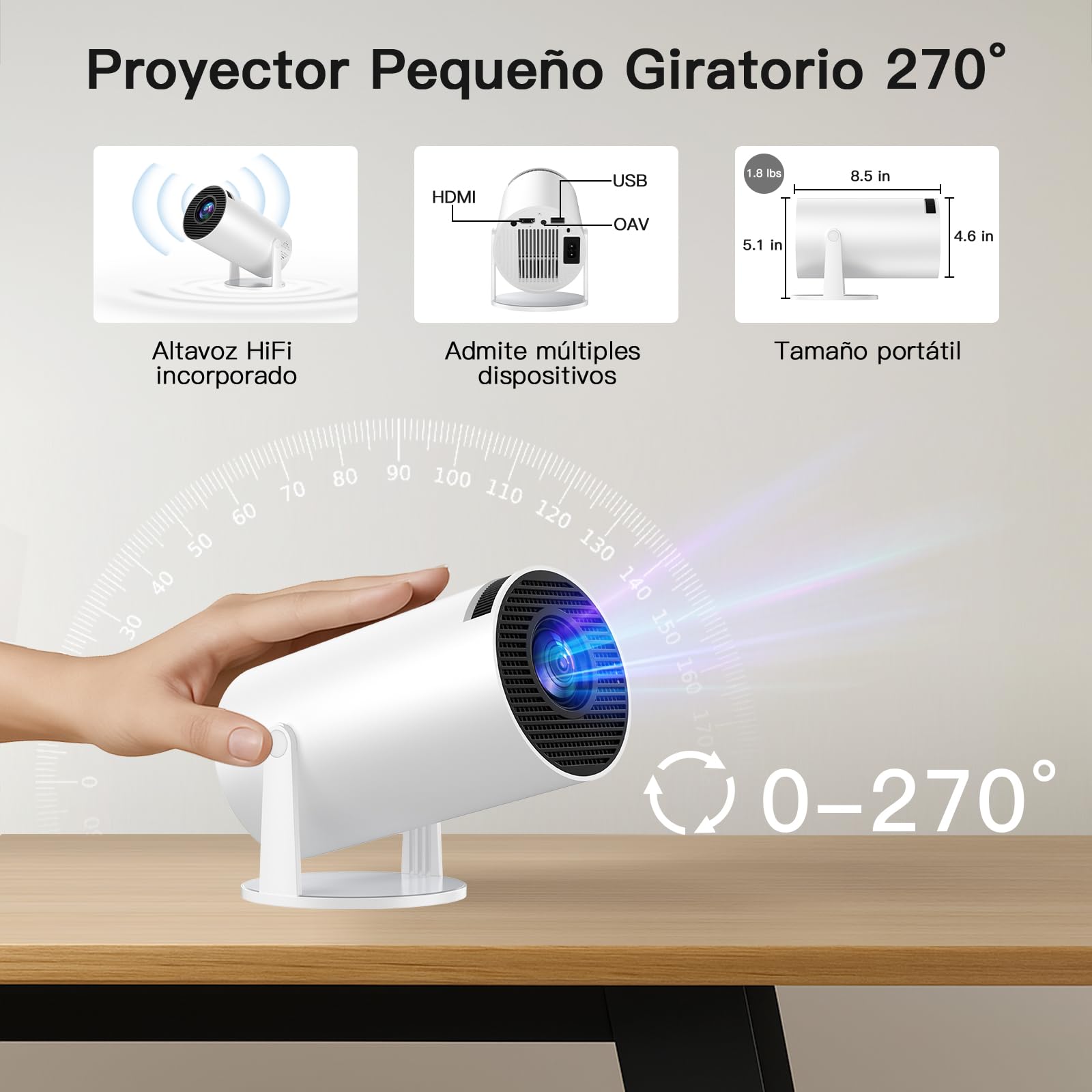 Proyector 4k, Mini Proyector Portatil con Android, Proyectores Inteligente 250 ANSI con WiFi 6 y BT 5.4, Auto Keystone, Pantalla de 200", Giro de 270°, Compatible con HDMI/iOS/Phone/PC/PS【HY300 PRO】