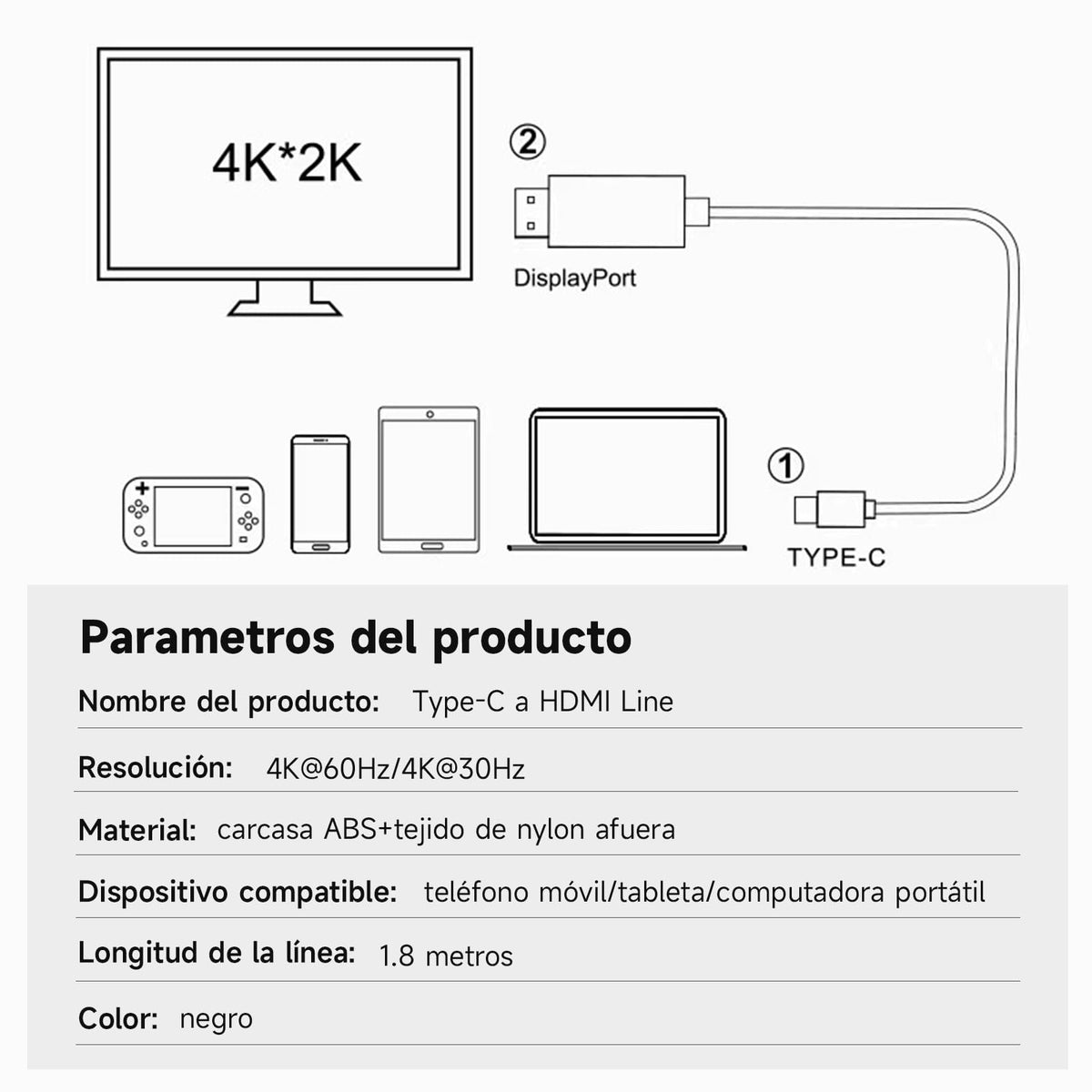 Autbye Cables HDMI, Cable USB C 3.1 a HDMI 1.8M, 4K@30Hz Adaptador Tipo C a HDMI, Compatible con iMac, MacBook, Samsung Galaxy S21 Note 9/8 S8, iPhone 15/15 Plus/15 Pro/ 15 Pro MAX, Huawei, iPad