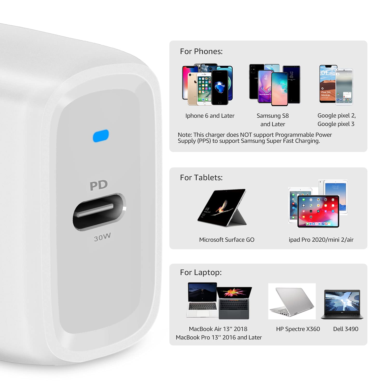 Amazon Basics Cargador de pared GaN USB-C de 30 W con PD para tablets y teléfonos (iPhone 16/15/14/13/12/11/X, iPad, Samsung, y más), sin PPS, blanco