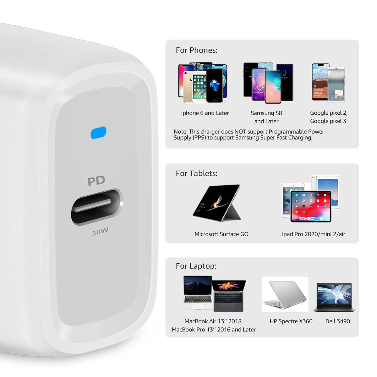 Amazon Basics Cargador de pared GaN USB-C de 30 W con PD para tablets y teléfonos (iPhone 16/15/14/13/12/11/X, iPad, Samsung, y más), sin PPS, blanco