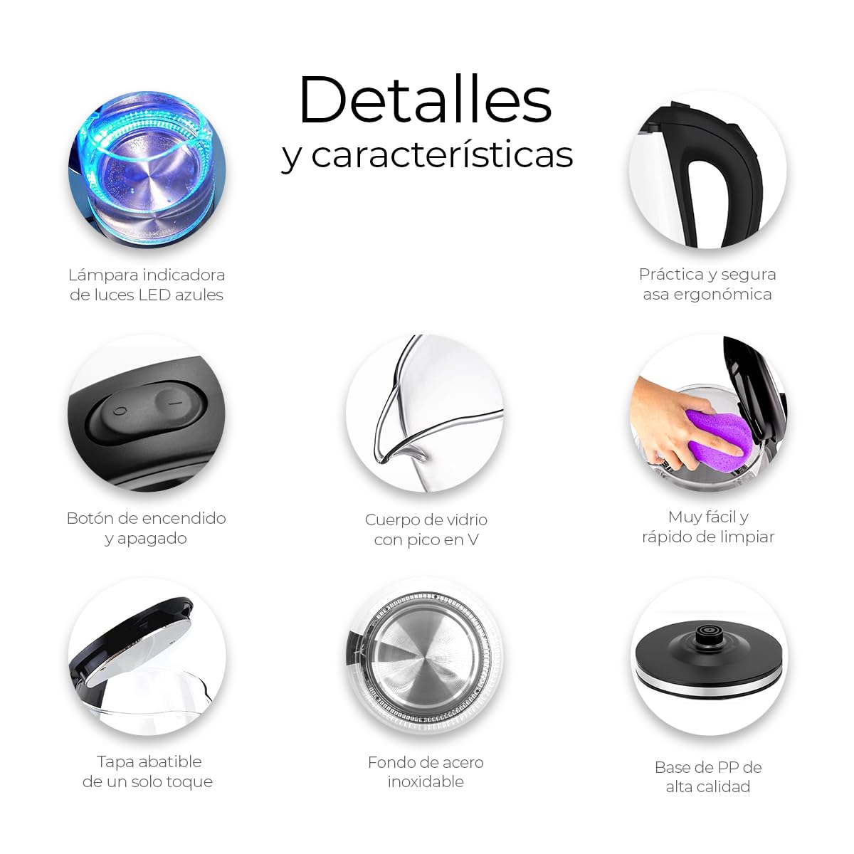 Raganet, Tetera Eléctrica de Vidrio, Capacidad de 2L, Indicador de Encendido de Luz LED, Apagado Automático y Protección Contra Hervir Seco, Transparente, Manija/Agarradera Antiquemaduras
