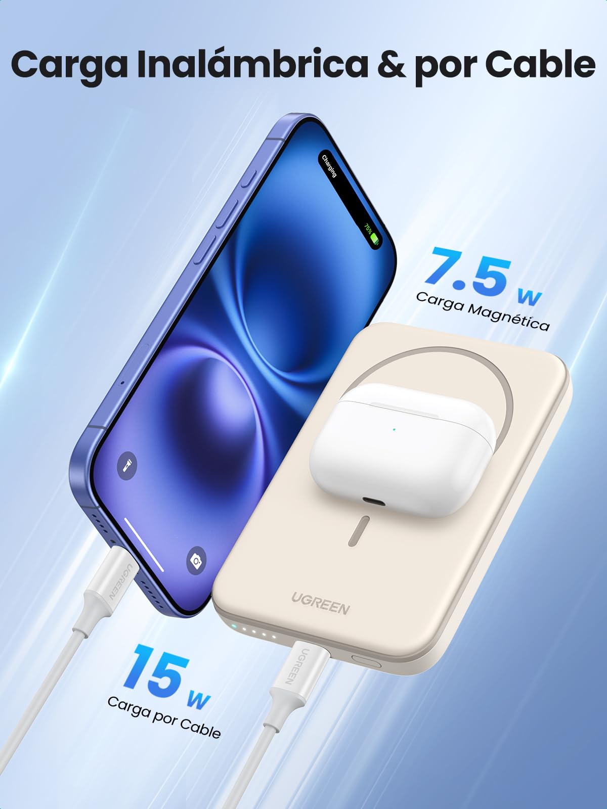 UGREEN 5000mAh Power Bank Inalabrico Bateria Portail 15W, USB C Cargador Magnaco Carga Raida, Powerbank Compatible con iPhone 16/15 Series, Galaxy, Xiaomi, iPad, Blanco