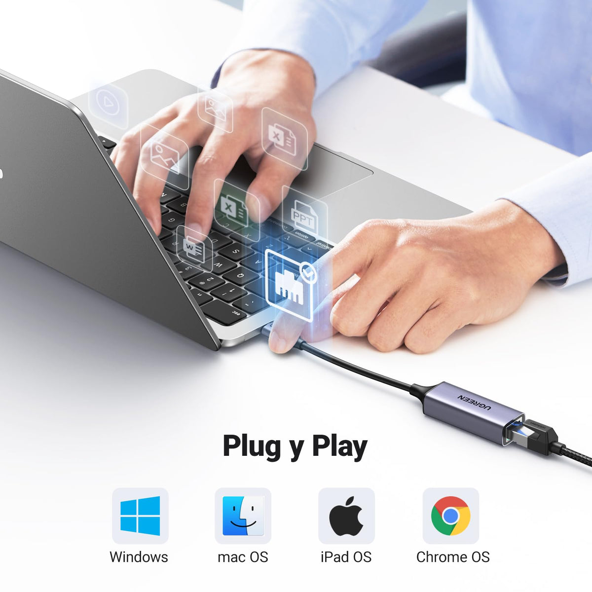UGREEN Adaptador USB C a Ethernet, Gigabit USB C a RJ45 Thunderbolt 3 Adaptador, LAN de Red 1000Mbps, Compatible con Macbook Pro Air 2021 2020 2019, iPad Pro 2020, Huawei Matebook, Galaxy S23 S21 S20