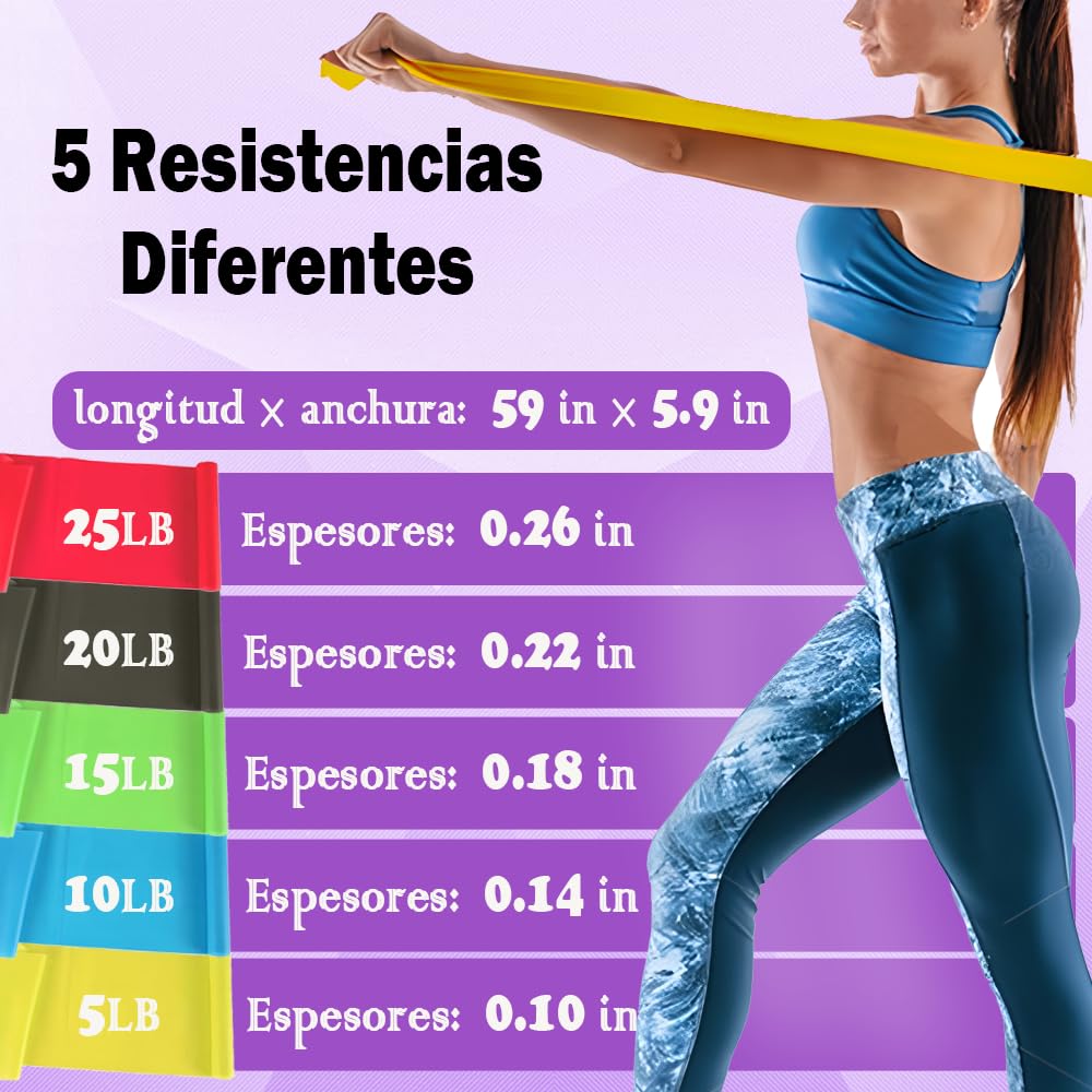 Meajax Ligas de Resistencia para Ejercicio, Bandas de Resistencia 5PCS, Banda Elástica Resistencia para Yoga, Pilates, Bandas Elásticas para Ejercicio, Entrenamiento en Hogar Gimnasio o Exteriores