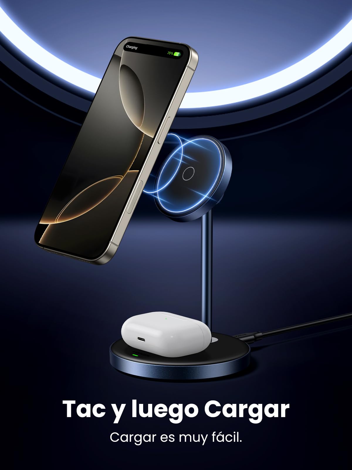 UGREEN Soporte de Carga Inalámbrico,15W Qi 3 en 1 Estación Cargable Inalámbrica, Cargador con Cable USB-C 1M, Compatible con iPhone 16/16 Plus/16 Pro/16 Pro Max/15/14/13/12 y AirPods Series