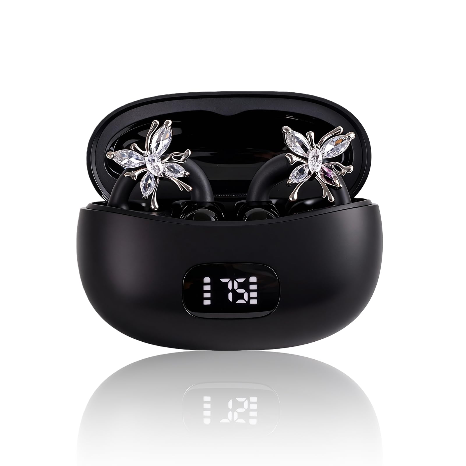 Genérico Audífonos Clip Oreja Abierta Inalámbricos Ligeros para Mujer, Diseño Joyería Mariposa Cristal Diamante, Bluetooth 6.0, Sonido Direccional sin Fugas, 72h de Espera, LED, Sin Dolor y Presión