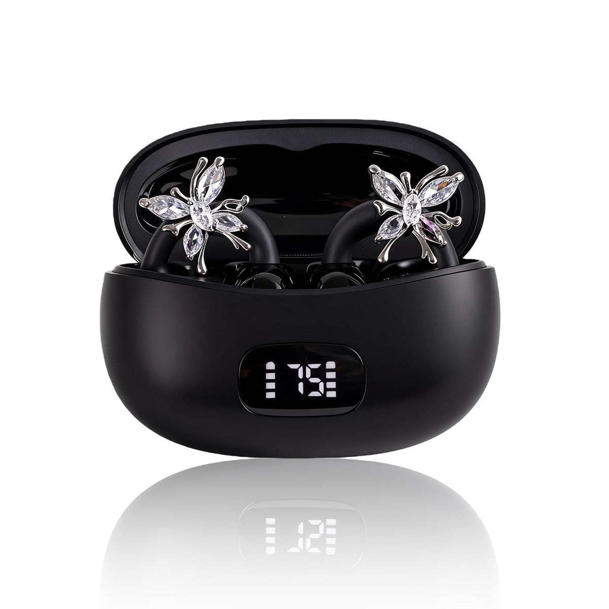 Genérico Audífonos Clip Oreja Abierta Inalámbricos Ligeros para Mujer, Diseño Joyería Mariposa Cristal Diamante, Bluetooth 6.0, Sonido Direccional sin Fugas, 72h de Espera, LED, Sin Dolor y Presión