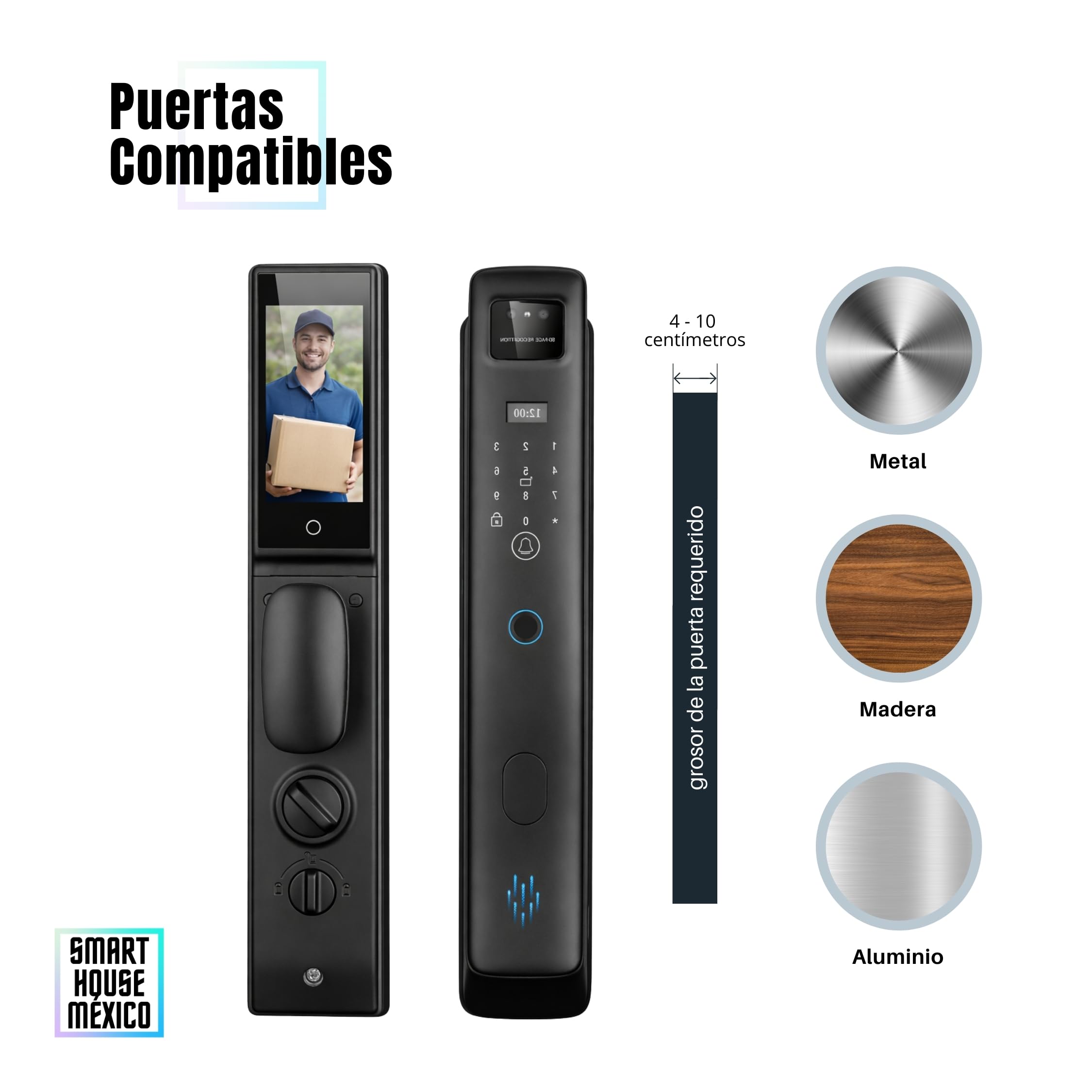 Cerradura Electrónica Inteligente WiFi con Cámara y 7 métodos de apertura. | Reconocimiento Facial, de palma, Huella, Código, App móvil, Tarjeta, Llave Física | Nova Max