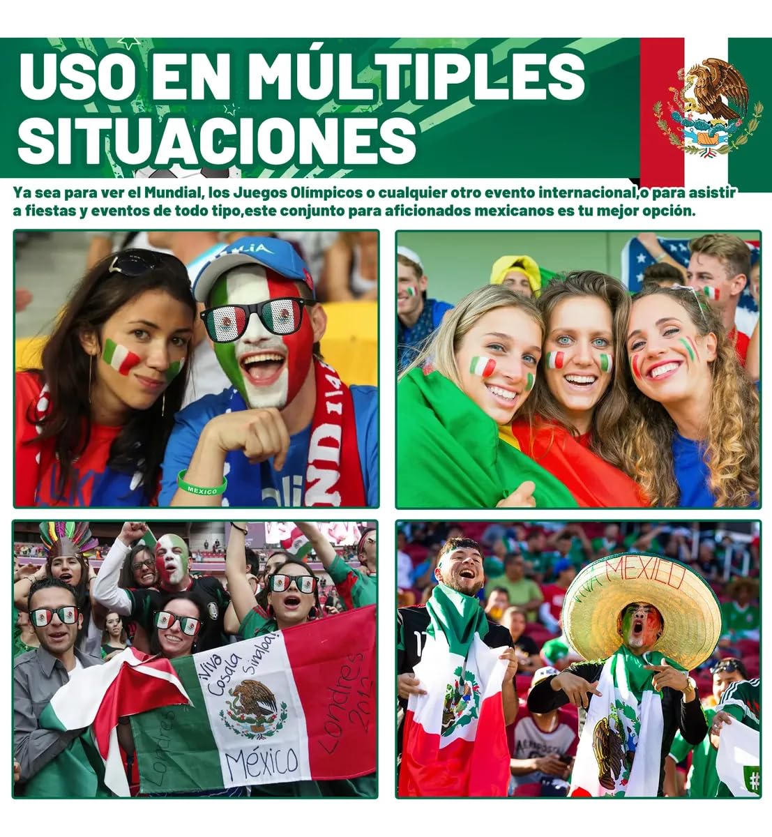 Cyxenova Kit de Animador México 6 en 1 - Incluye Bandera (95 * 64 cm), Bufanda, Matraca Ruidosa, Pintura Facial, Lentes y Pulsera - Accesorios de Fútbol para Celebración 2026 - Orgullo Mexicano