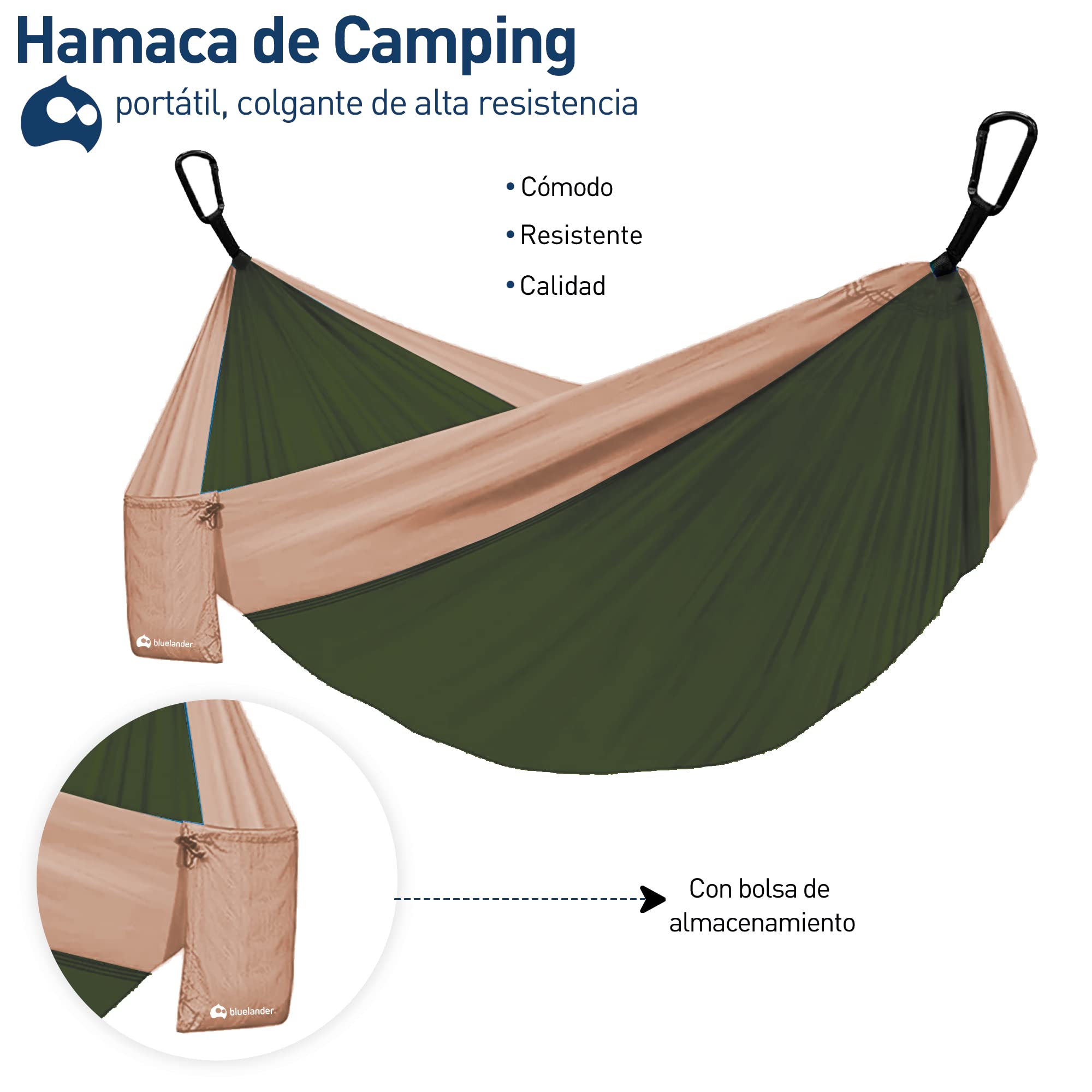 Bluelander Hamaca Portátil para Acampar de Adultos, Hamaca de Camping, Fabricada de Tela Nailon con Correas para Árboles, Excelente para Acampar al Aire Libre en Jardines y Viajes (Café/Verde)