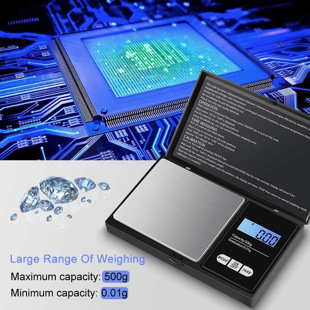 Diyife Báscula Digital de Bolsillo 500g/0,01g, Mini Balanza Cocina Precisión, Báscula Joyería, Portátil Báscula Electrónica Pantalla LCD, Función Tara, para Cocina,Té,Levadura,Café(Baterías Incluidas)