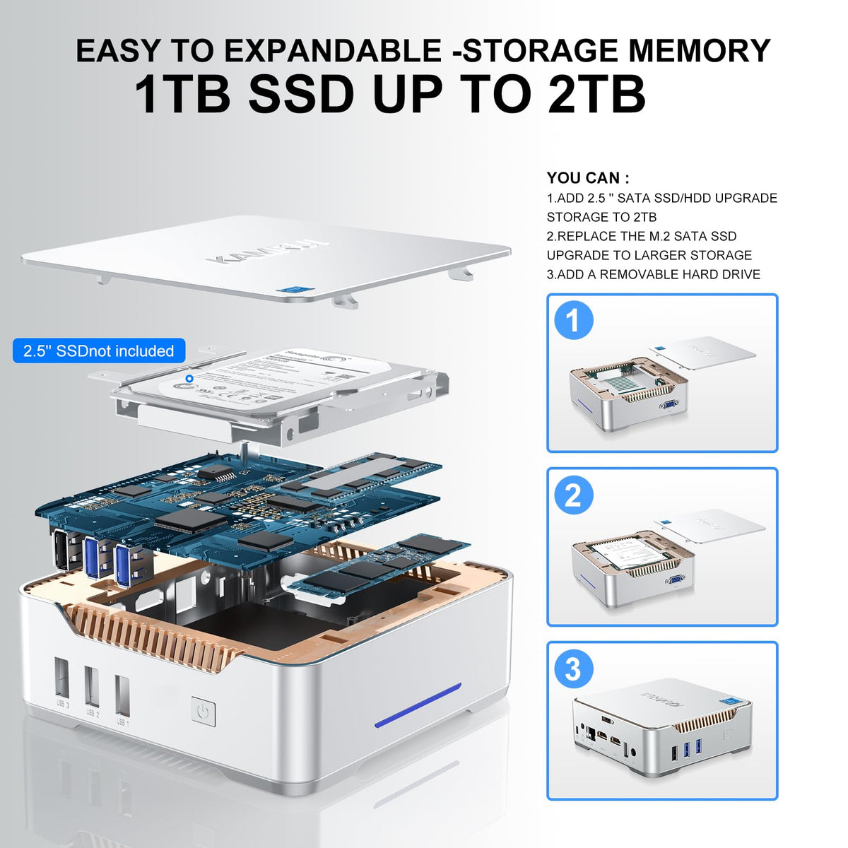 KAMRUI GK3 Plus Mini PC 16GB RAM 1TB M.2 SSD, Intel 12th Alder Lake N95 (up to 3.4GHz) Mini PC Windows 11 Pro, 2.5''SSD, Gigabit Ethernet, 4K UHD, WiFi, BT, VESA/Home/Business Mini Desktop Computer