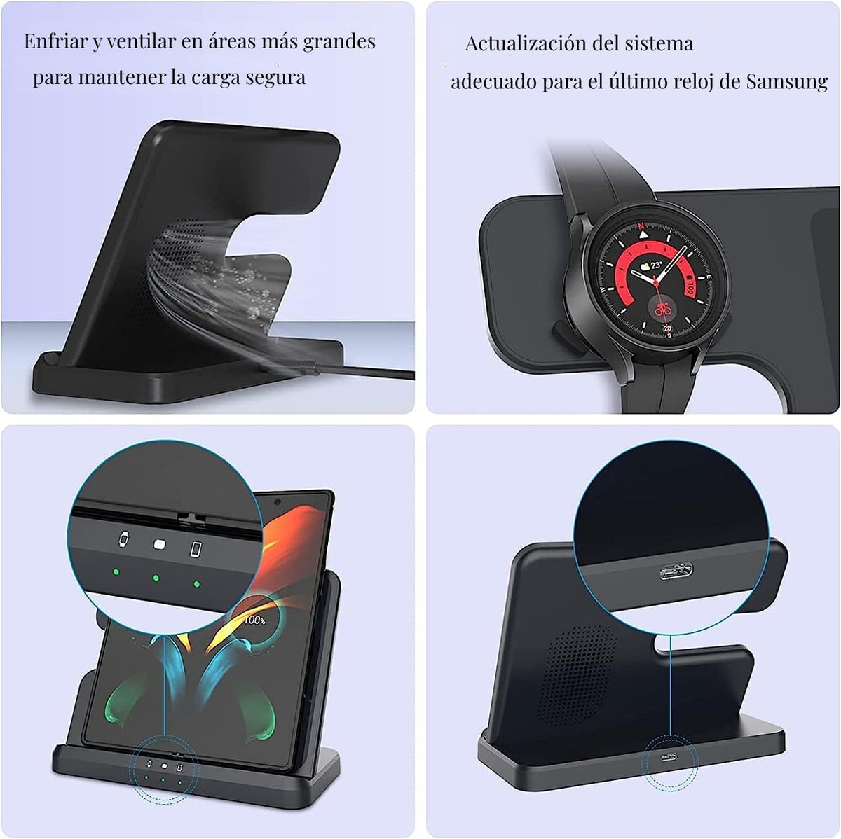 Cargador Inalámbrico 3 en 1 para Samsung/iPhone, Cargador para Samsung S24/S23 Ultra/S22 Ultra/S23/S23+/Z Fold 4/Flip 4/S22, Cargador para Galaxy Watch 6/5/5 Pro/4, Estación de Carga Buds (Negro)