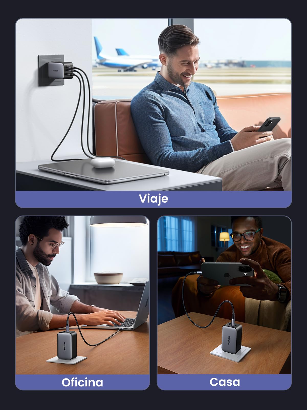 UGREEN Nexode 65W Cargador USB C GAN con 3 Puertos, Phone Charger Plegable y Portátil para Viajar Compatible con MacBook Pro/Air, DELL XPS, iPhone 15 14 Pro, iPad Pro, Galaxy S24, Pixel 7