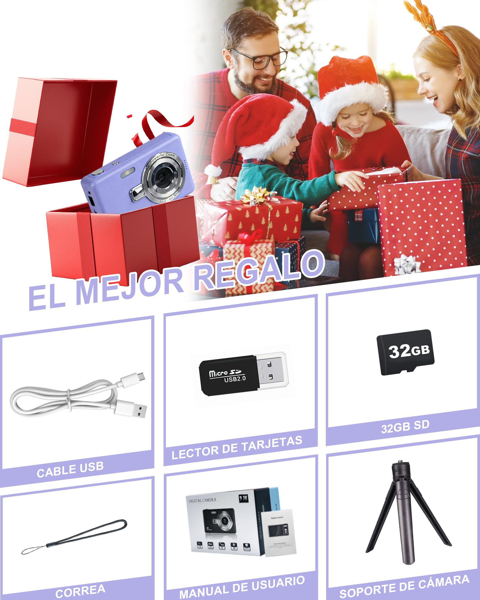 HeiLuon Camara Digital FHD 1080P Vlogging con Zoom 16X, Pantalla IPS de 2.4", Trípode, Tarjeta 32GB y Lector, Anti-Shake, Autoenfoque, Camara Fotografica para Niños y Adolescentes (Color Púrpura)