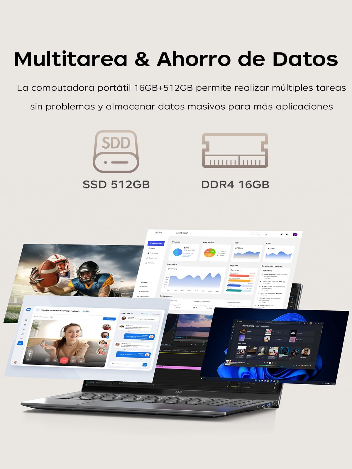 KAIGERR Laptop Ryzen 5 7430U (6C/12T, hasta 4.3GHz) 16GB RAM 512GB SSD Computadora Portátil Win 11 Pro, 15.6" FHD, WiFi 6 +BT5.2,Laptop Gamer Teclado Físico en Español,Casa, Negocio, Oficina