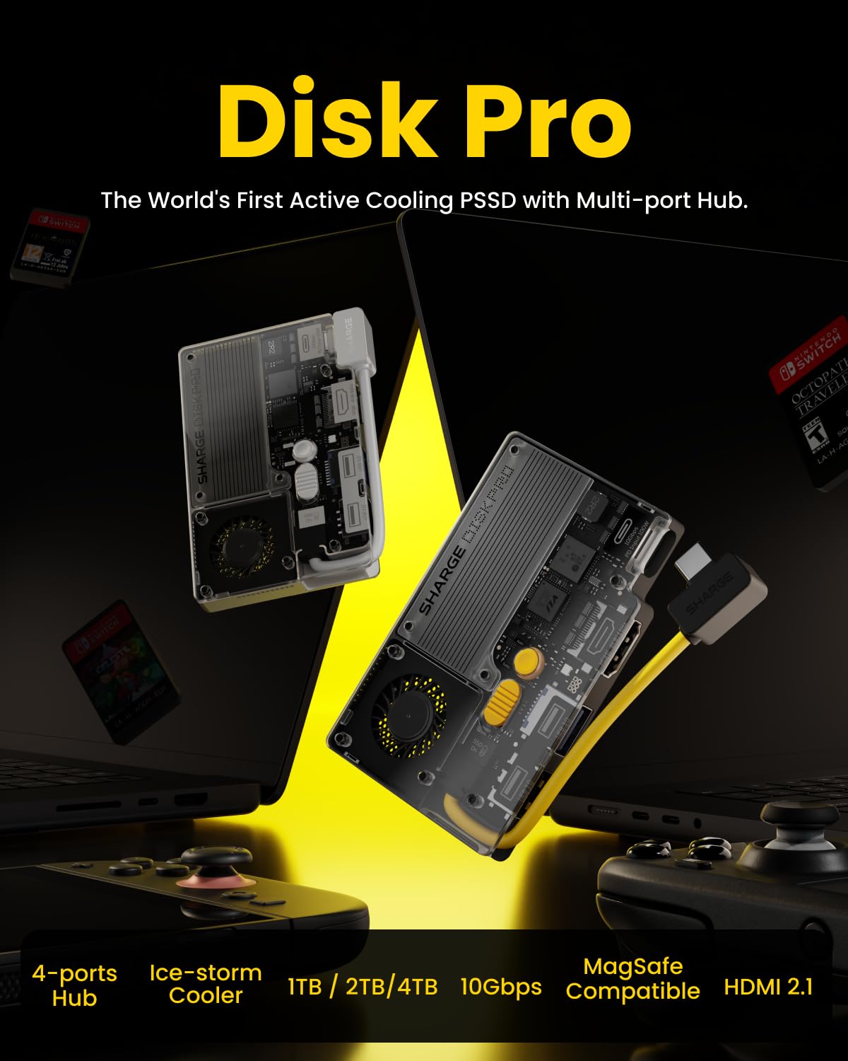 Sharge Disk Pro SSD portátil de 1 TB con refrigeración activa, concentrador de 4 puertos con HDMI 2.1, cable de 10 Gbps, unidad de estado sólido externa magnética para MacBook, PC, consola y más
