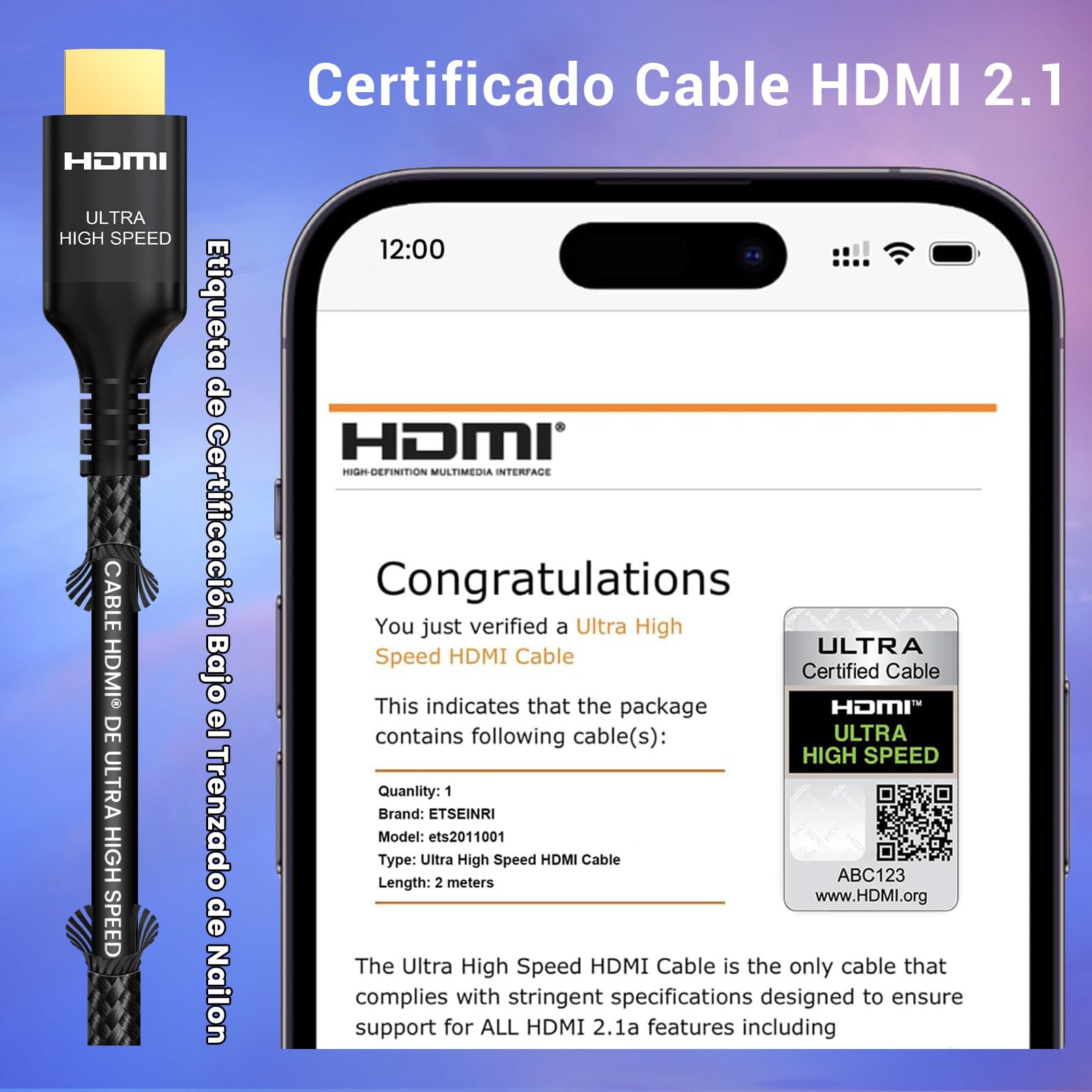 Etseinri 10K 8K 4K Cable HDMI 2.1 48Gbps 2M, Certificado 8K@60Hz 4K@120Hz 144Hz Ultra Alta Velocidad HDMI 0.01ms Juego Trenzado Cable, eARC HDCP 2.3 Compatible para HDTV/PS5 X-Box/SoundBar/Blu-ray