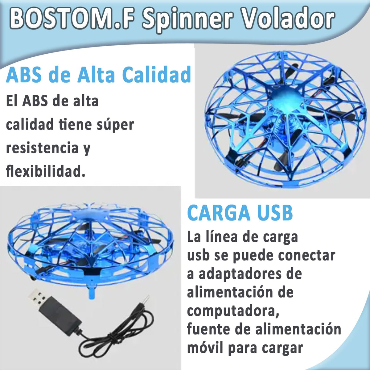 Spinner Volador, Spinner Volador con Luz LED, Juguete de bola voladora giratoria, Pelota Voladora Juguete para Niños, Bola Mágica Recargable con USB, BOSTOM.F Regalo para Día del Niño, Cumpleaños,Azul