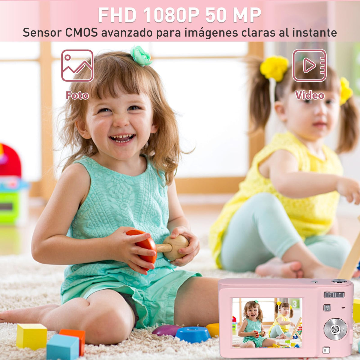 HeiLuon Cámara Digital FHD 1080P 50MP Vlogging con Tarjeta 64GB, Pantalla IPS de 2.4'', Zoom 16X, Anti-Shake y Disparo Continuo, Camara Fotografica Digicam Regalo para Niñas y Niños (Rosa)