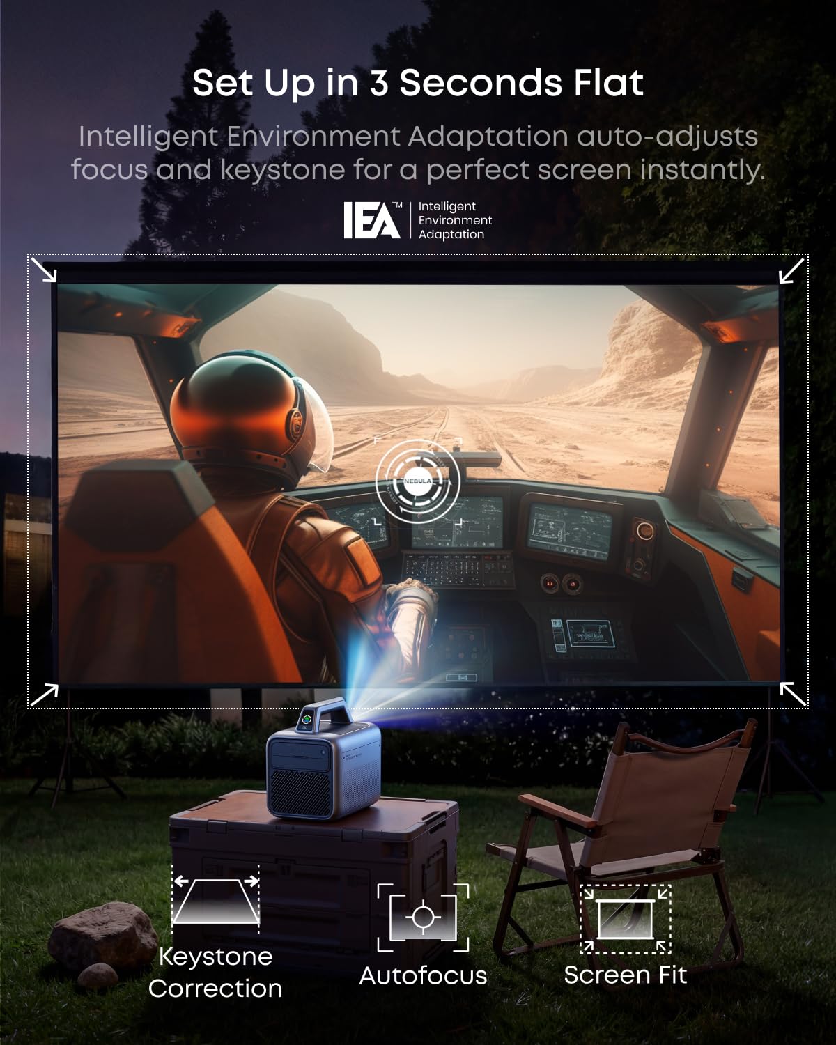 Nebula Mars 3 Proyector portátil para Exteriores, 1000 lúmenes ANSI, Imagen impulsada por AI, batería integrada con Tiempo de reproducción de 5 Horas, Android TV, Cine en casa de 200 Pulgadas,