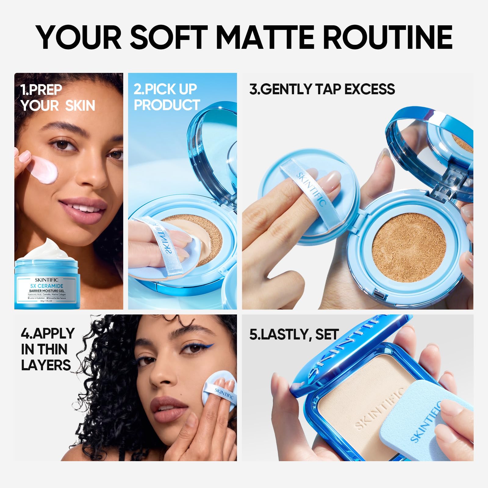 SKINTIFIC Base Cushion Velvet Matte, Polvo Ultra Cover Azul, Control de Grasa por 12 Horas, Ligera, de Larga Duración, Resistente al Agua, Maquillaje Coreano en Cushion, 04 Beige
