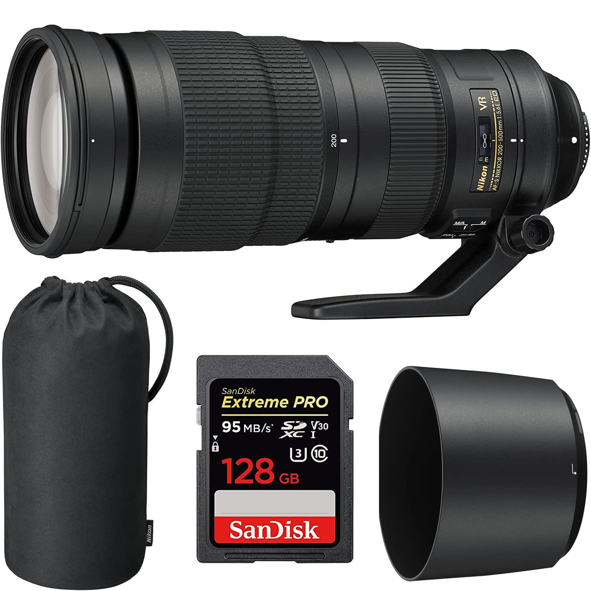 Nikon (20058) 200 – 500 mm f/5.6e Ed VR AF-S NIKKOR Zoom Lens para Nikon Digital SLR Cámaras con Sandisk Extreme PRO – Tarjeta de memoria SDXC 128 GB UHS-1