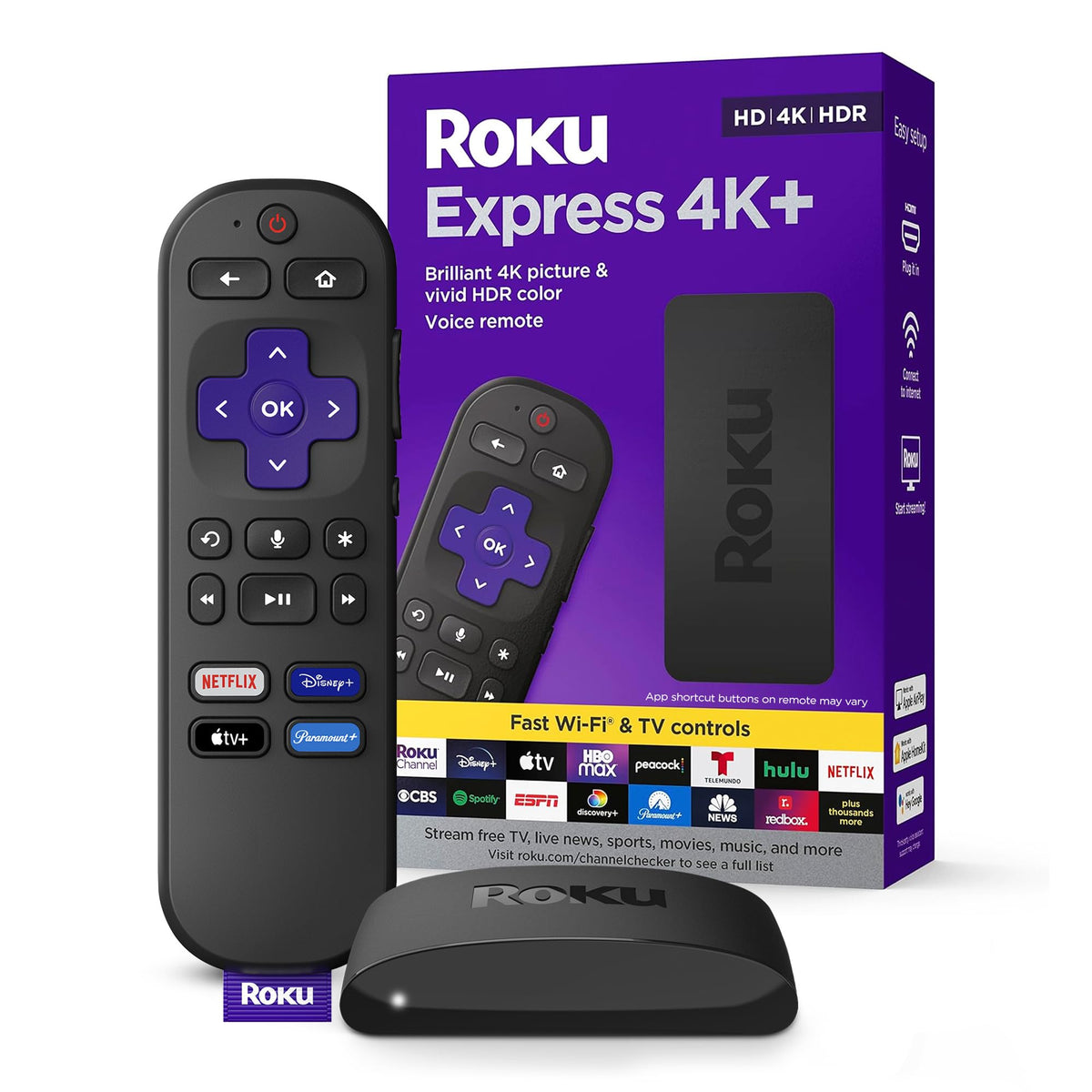 ROKU Express 4K+ | Reproductor Multimedia de transmisión HD/4K/HDR con transmisión inalámbrica Suave y Control Remoto de Voz con Controles de TV, Incluye Cable HDMI Premium