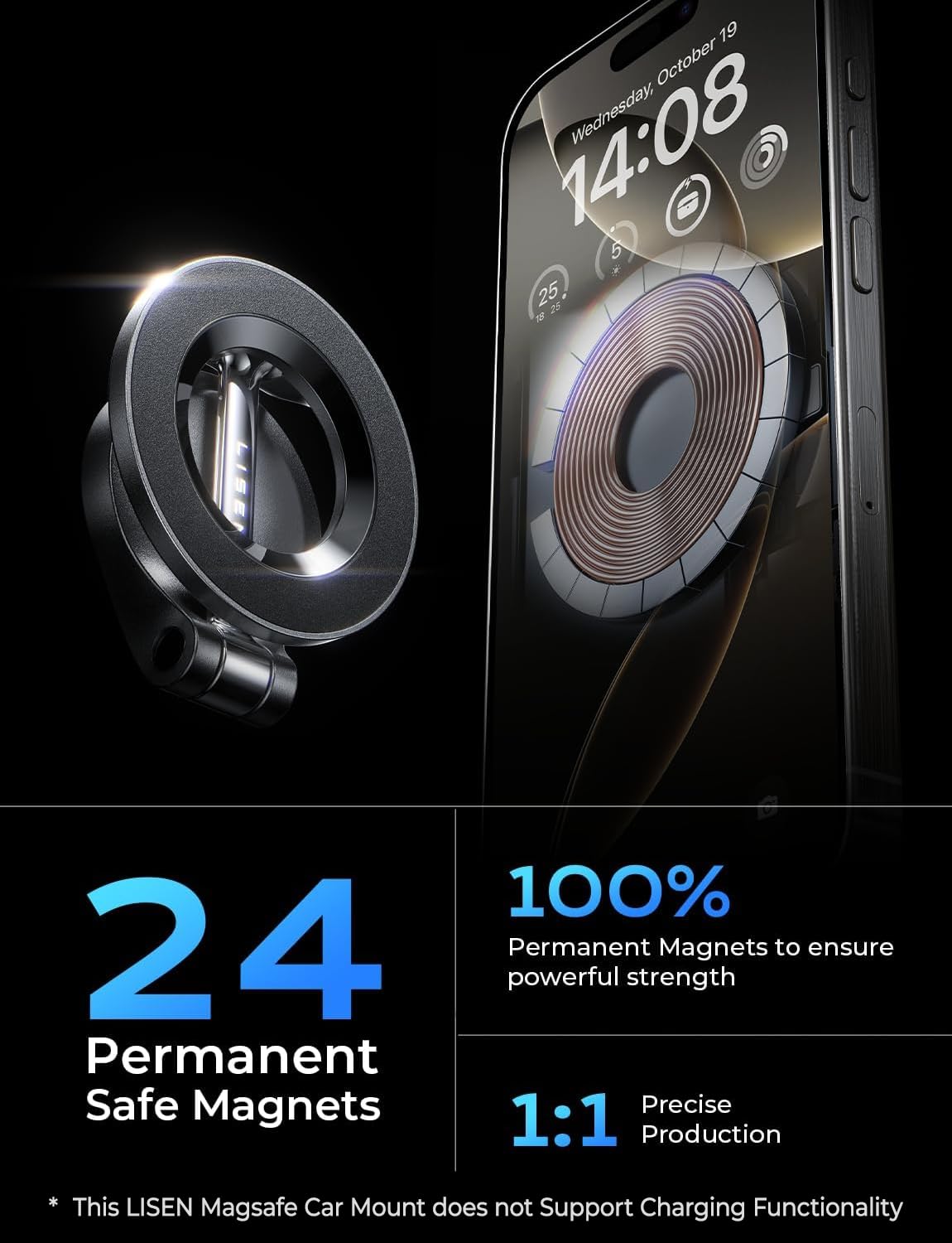 LISEN Soporte para Celular Automóvil Magsafe, 24 Imanes 360° Giratorio Base para Celular Porta Telefono Automovil Compatible con iPhone 16 15 Pro MAX 14 13 y Otros Dispositivos con Anillo Magnético