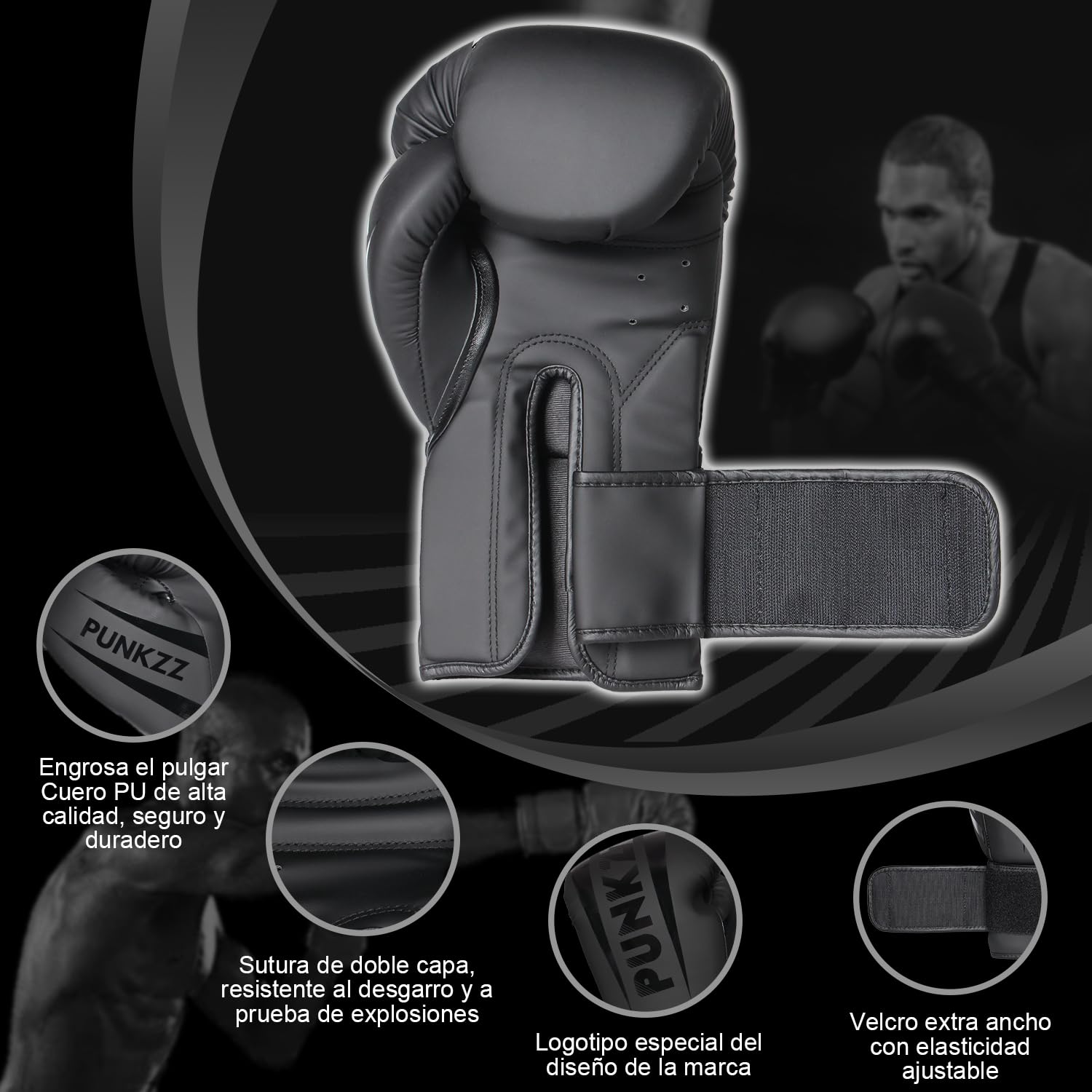 PUNKZZ Guantes de Boxeo 8-18oz,Guantes de Entrenamiento para Hombres y Mujeres, Protector Bucal Incluido, Absorción de Impactos, MMA (Negro, 12oz)