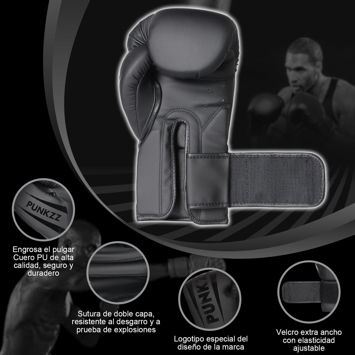 PUNKZZ Guantes de Boxeo 8-18oz,Guantes de Entrenamiento para Hombres y Mujeres, Protector Bucal Incluido, Absorción de Impactos, MMA (Negro, 12oz)