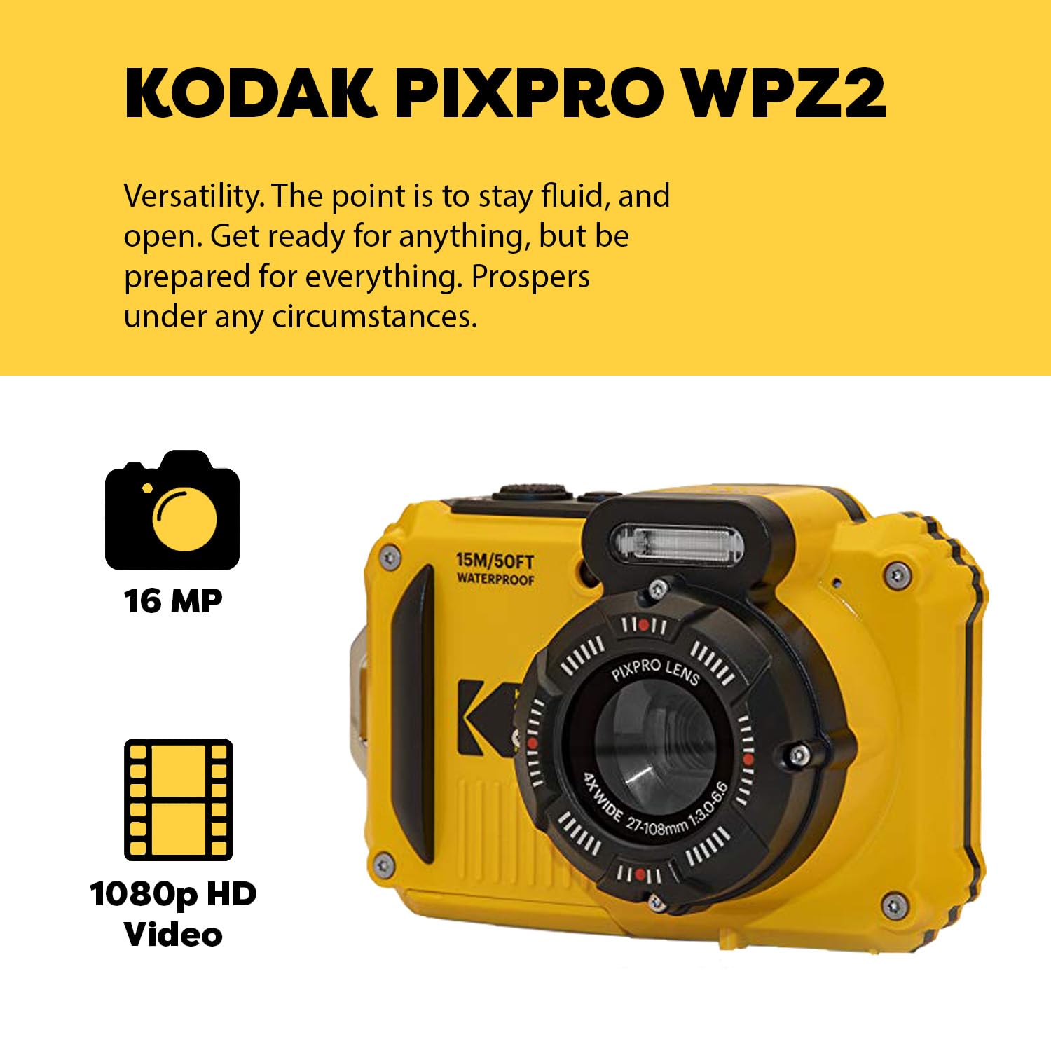 Kodak PIXPRO WPZ2 - Cámara digital resistente al agua, a prueba de golpes, 16 MP, zoom óptico 4X 1080P, vídeo Full HD, 2.7 LCD (amarillo), tarjeta SD de 32 GB, estuche negro para cámara compacta