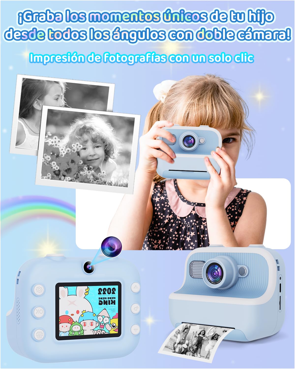 PTHTECHUS®Cámara Infantil, Cámara Instantánea Niños,cámara Digital Selfie y Video,Papel de impresión,Tarjeta SD 32 GB y 1080P impresión instantánea Regalos para niños de 3 a 12 años (Azul)