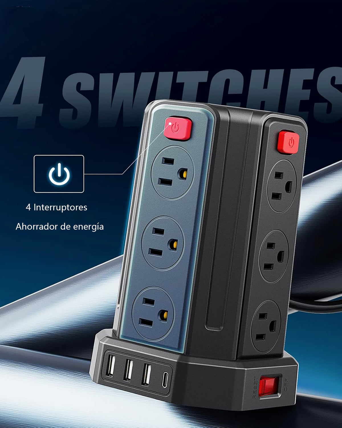 SMALLRT Torre Regleta Multicontacto Pared con USB C, 3.04M Plana Extension Electrica, Extension Multicontacto con 12 Conector Multiple Enchufes y 4 Puertos USB, Hogar Dorm Oficina, Negro