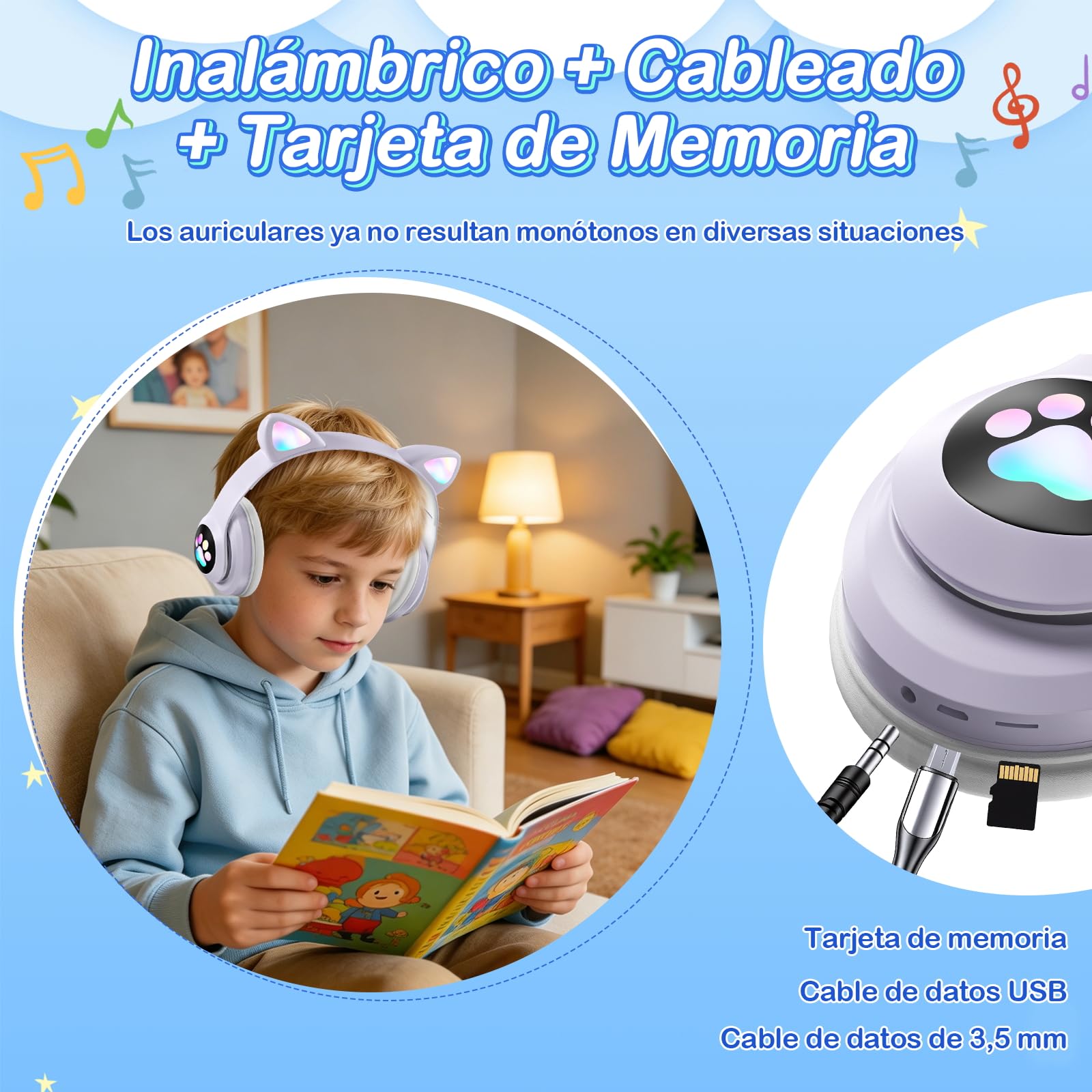 ZQSQD Audifonos Inalambricos para Niños, Auriculares Bluetooth con Luz LED y Micrófono, Auriculares Plegables con Forma de Garra de Gato, Audífonos para Niña, Apto para Tablets, Móviles, Etc (Púrpura)