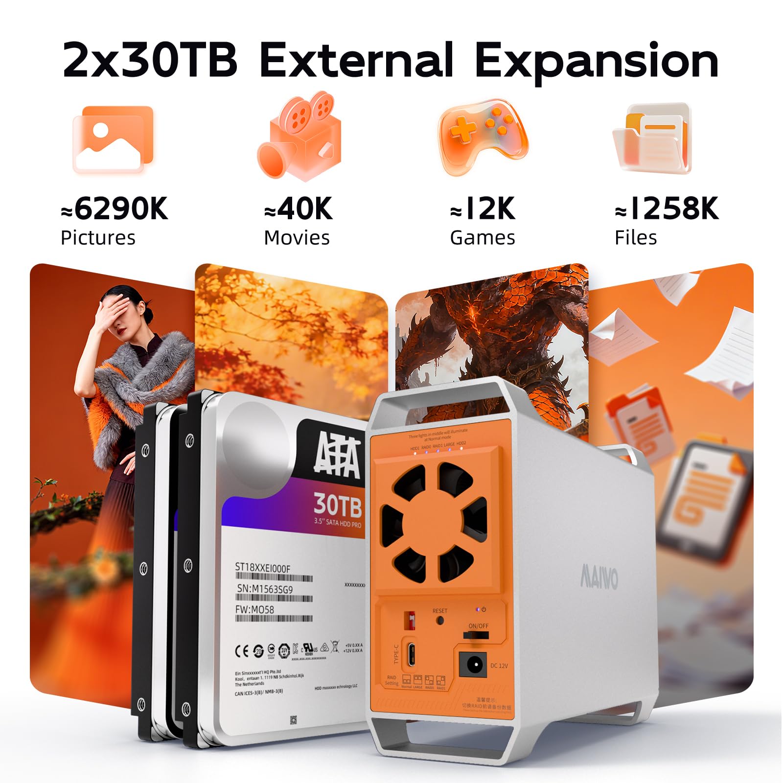 MAIWO - Carcasa RAID SATA de doble bahía para HDD/SSD de 2.5" y 3.5", 5 Gbps, configuraciones 1/0/JBOD/NORMAL + ventilador inteligente controlado por temperatura