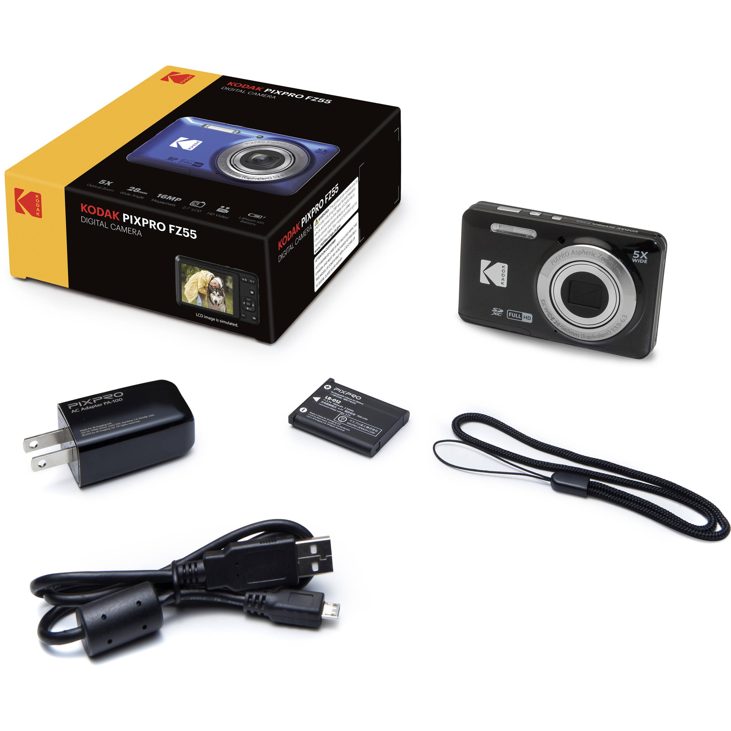 Kodak PIXPRO FZ55 - Cámara digital negra de 16 MP, zoom óptico de 5 x 28 mm, gran angular 1080P, cámara LCD Full HD de 2,7 pulgadas, tarjeta y lector de 64 GB, funda + portafolios de memoria + trípode
