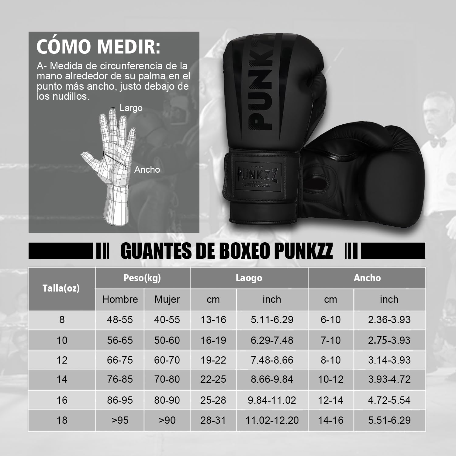 PUNKZZ Guantes de Boxeo 8-18oz,Guantes de Entrenamiento para Hombres y Mujeres, Protector Bucal Incluido, Absorción de Impactos, MMA (Negro, 12oz)