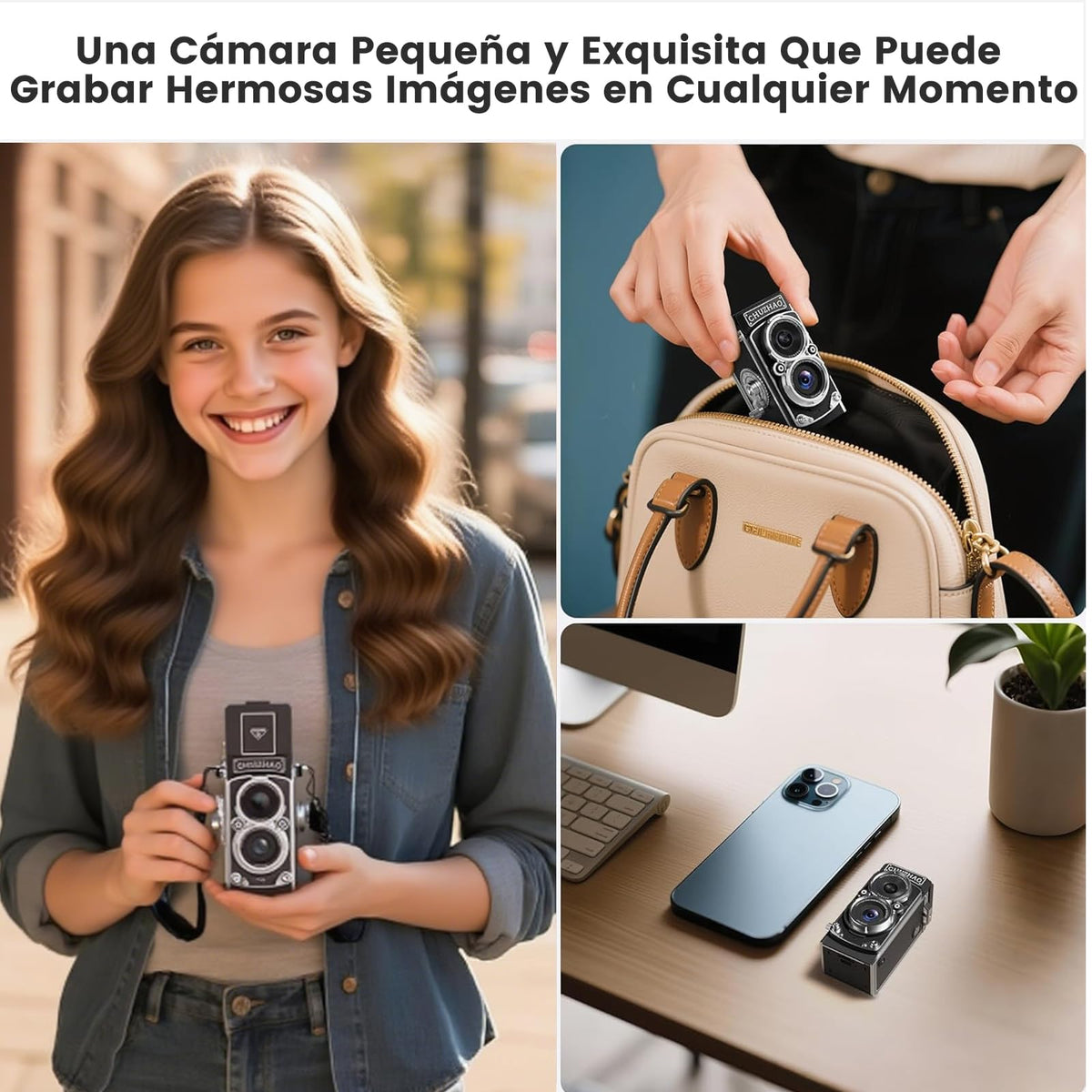 KOZFULE Camara Digital Retro, Camara Fotografica Portátil, Cámara Réflex de Doble Lente con Memoria de 16 GB, Cámara para Viajes, Fotografía, Regalos de Cumpleaños(Gris)