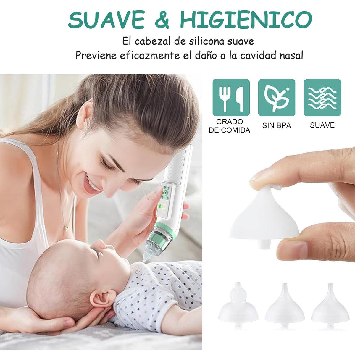 Limpiador Nasal Eléctrico, Extractor de Mocos para con carga USB, Succionador de mocos con 3 cabezales de silicona y espalda, 5 niveles de succión ajustable (Regular)