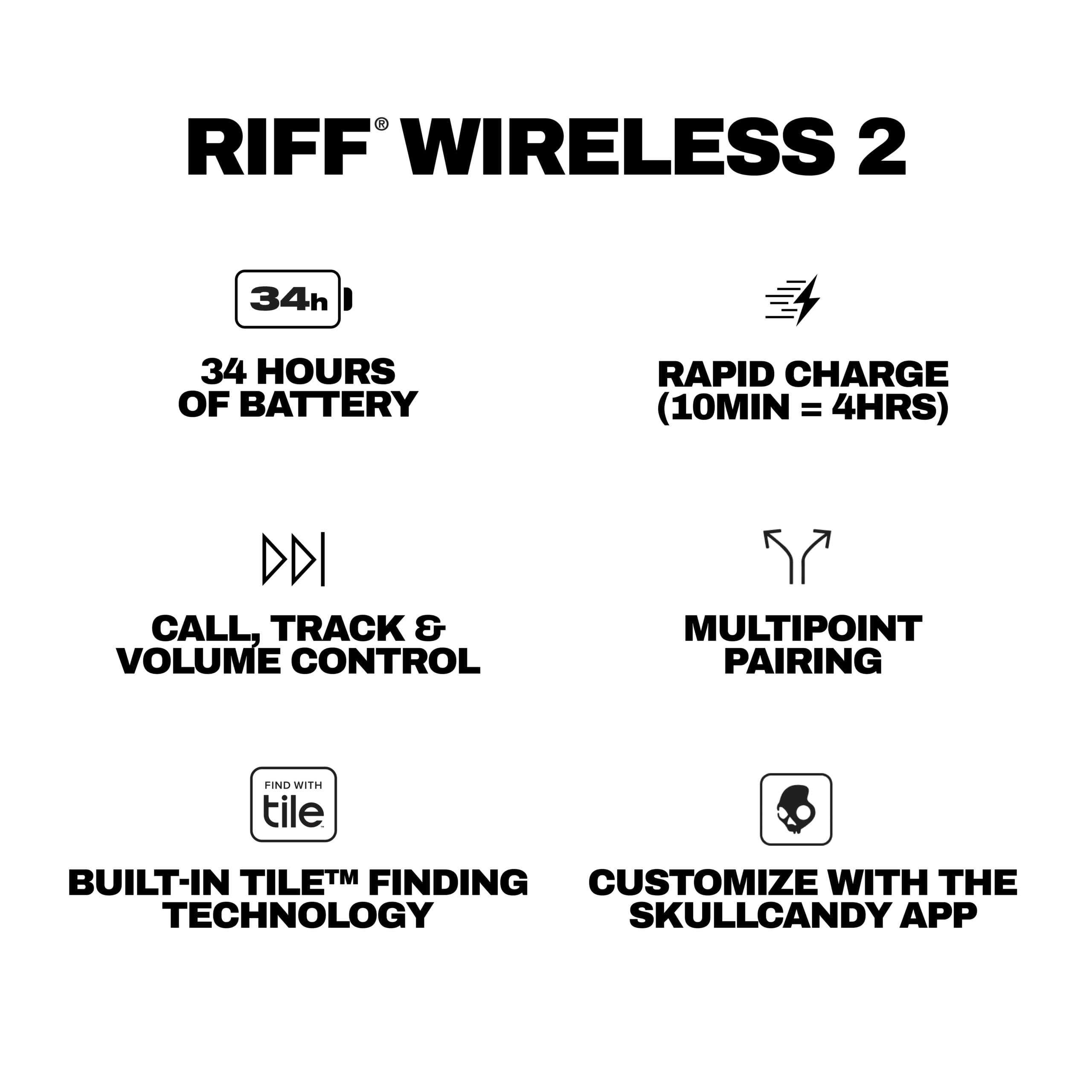 Audífonos Skullcandy Riff 2 On-Ear Inalámbricos, 34 Horas de Batería, Micrófono, Compatibles con iPhone, Android y Dispositivos Bluetooth, Negro