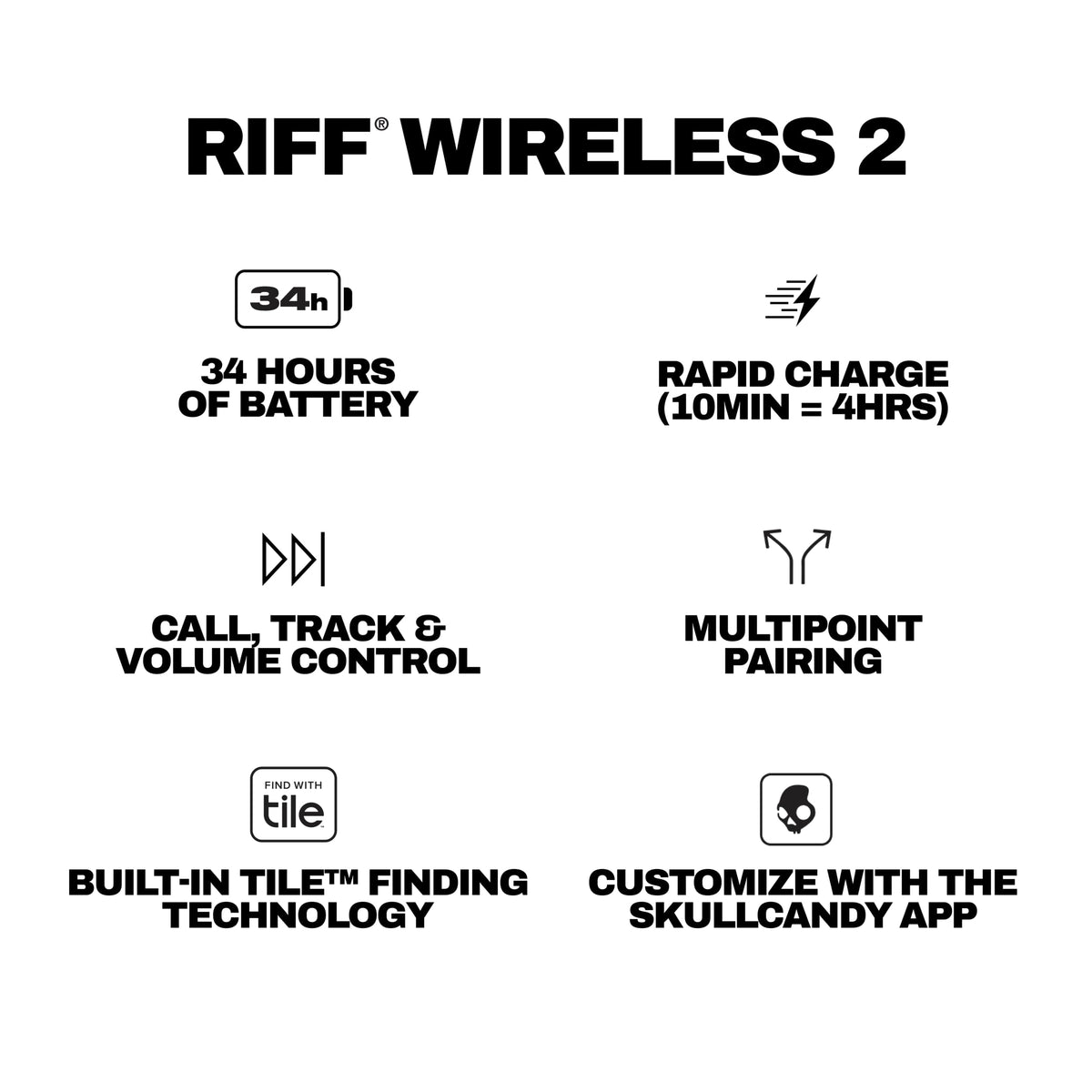 Audífonos Skullcandy Riff 2 On-Ear Inalámbricos, 34 Horas de Batería, Micrófono, Compatibles con iPhone, Android y Dispositivos Bluetooth, Negro