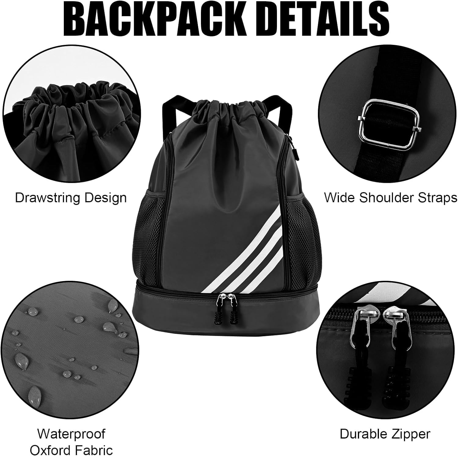Mochila Deportiva con Cordón,Mochila de Cordón, Mochilas de Cuerdas con Compartimento de Zapatos y Bolsa de cuerdas Impermeable Morral Deportivo para Mujer Hombre Adolescente (Negro-)