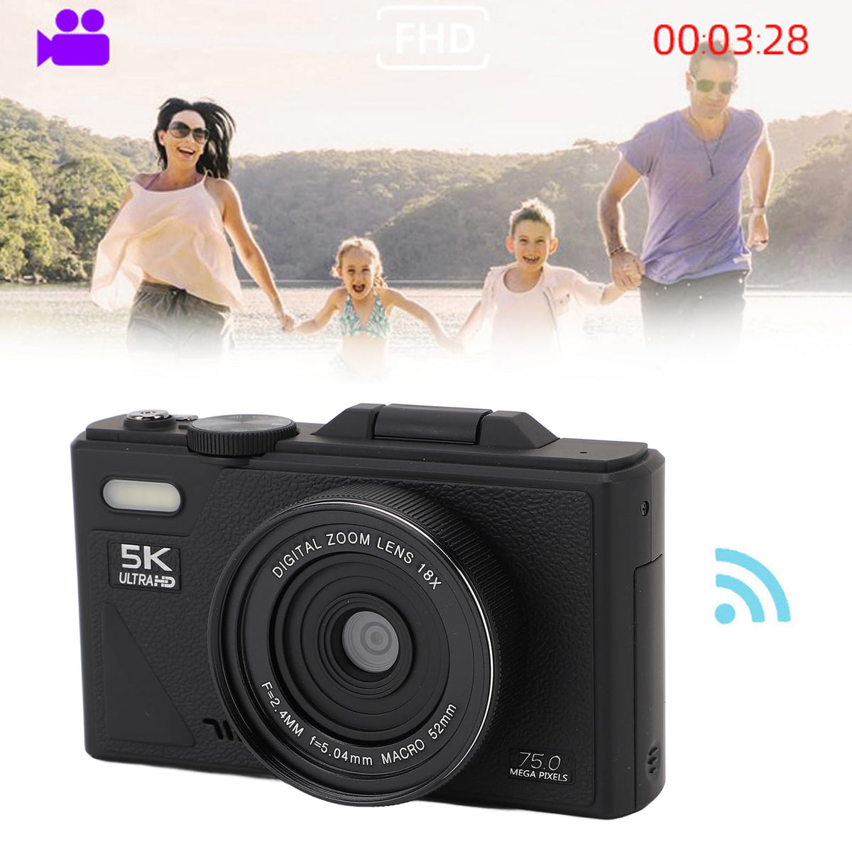 GOWENIC Cámara Digital de 5k, Cámara sin Espejo de Autococus de Zoom Digital de 75MP HD 18X, Equipada con Pantalla de 3 Pulgadas, Función de Detección de Sonrisa, Ideal para Fotografía