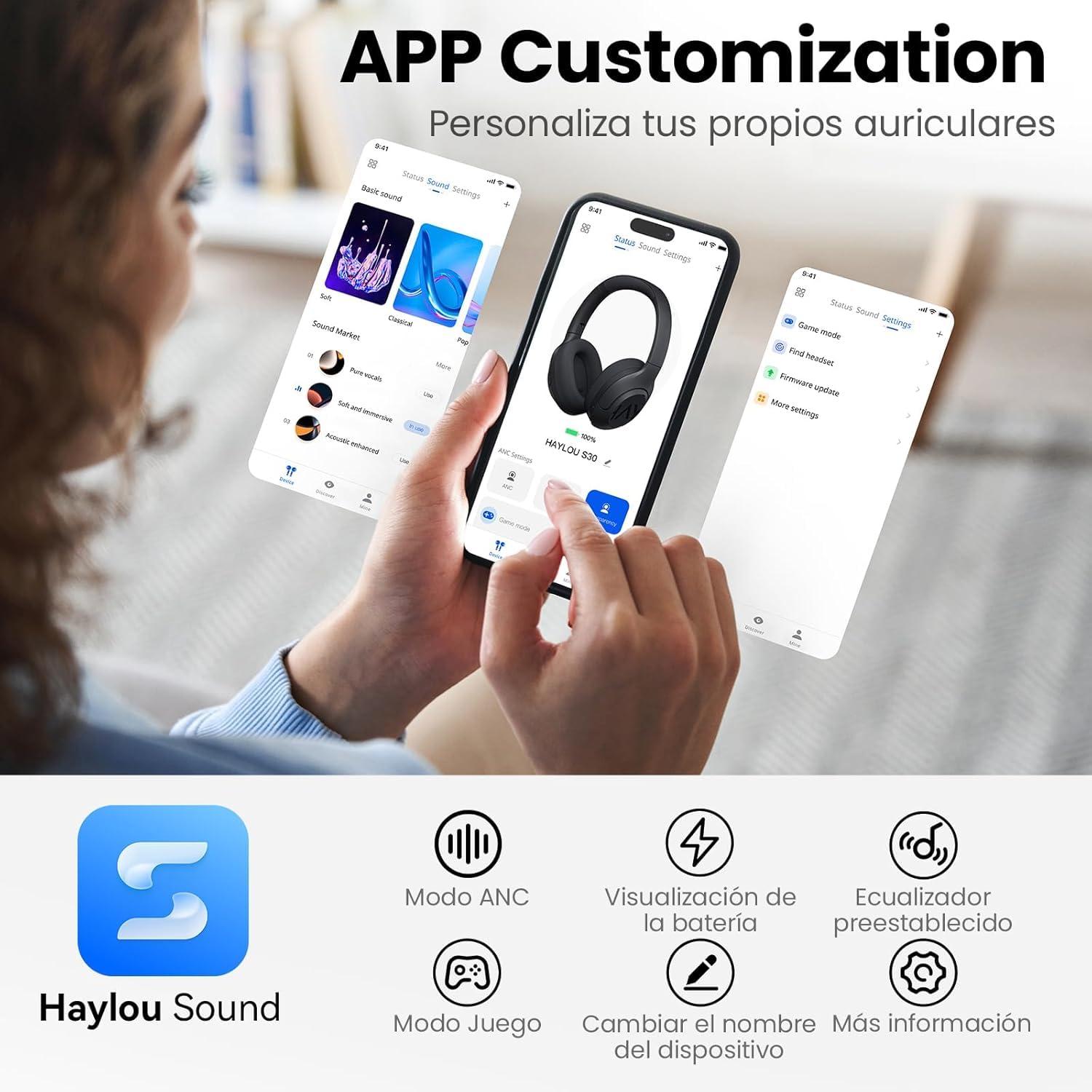 HAYLOU S30 Pro Audífonos Inalámbricos ANC, Bluetooth 5.4, 80H Batería