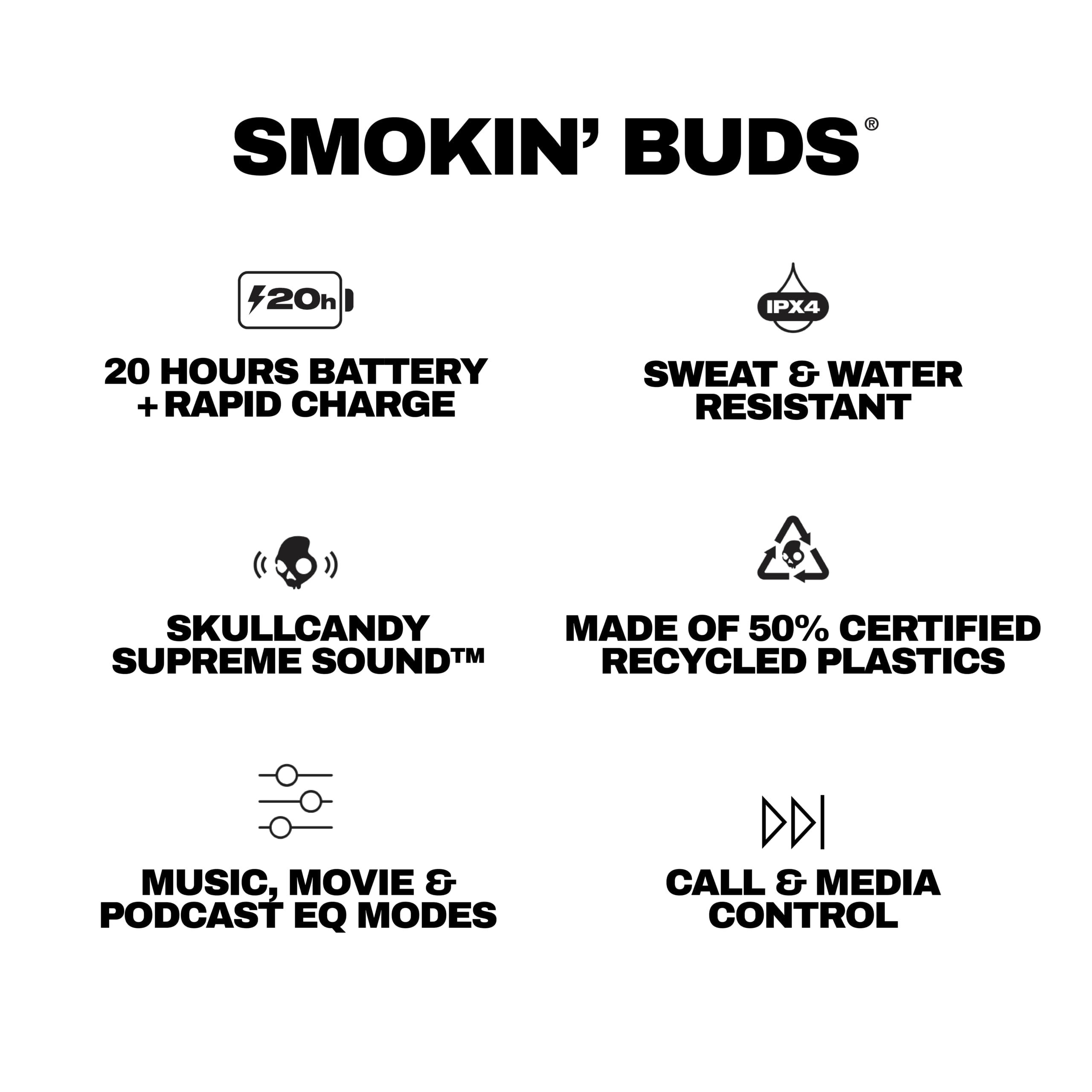 Skullcandy Smokin' Buds Auriculares In-Ear Inalámbricos, 20 h de Autonomía, 50 % de Plásticos Renovables, Micrófono, Compatibles con iPhone Android y Dispositivos Bluetooth, Negro