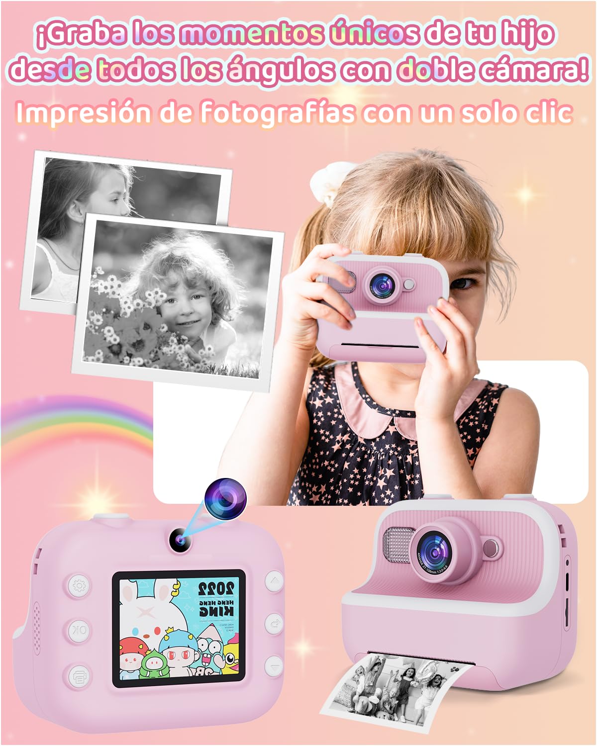 PTHTECHUS® cámara para niños de impresión instantánea con Tarjeta SD de 32 GB y Papel de impresión, cámara Digital de Selfie, Regalo de Juguetes para niños pequeños para niñas de 3 a 15 años (Rosa)